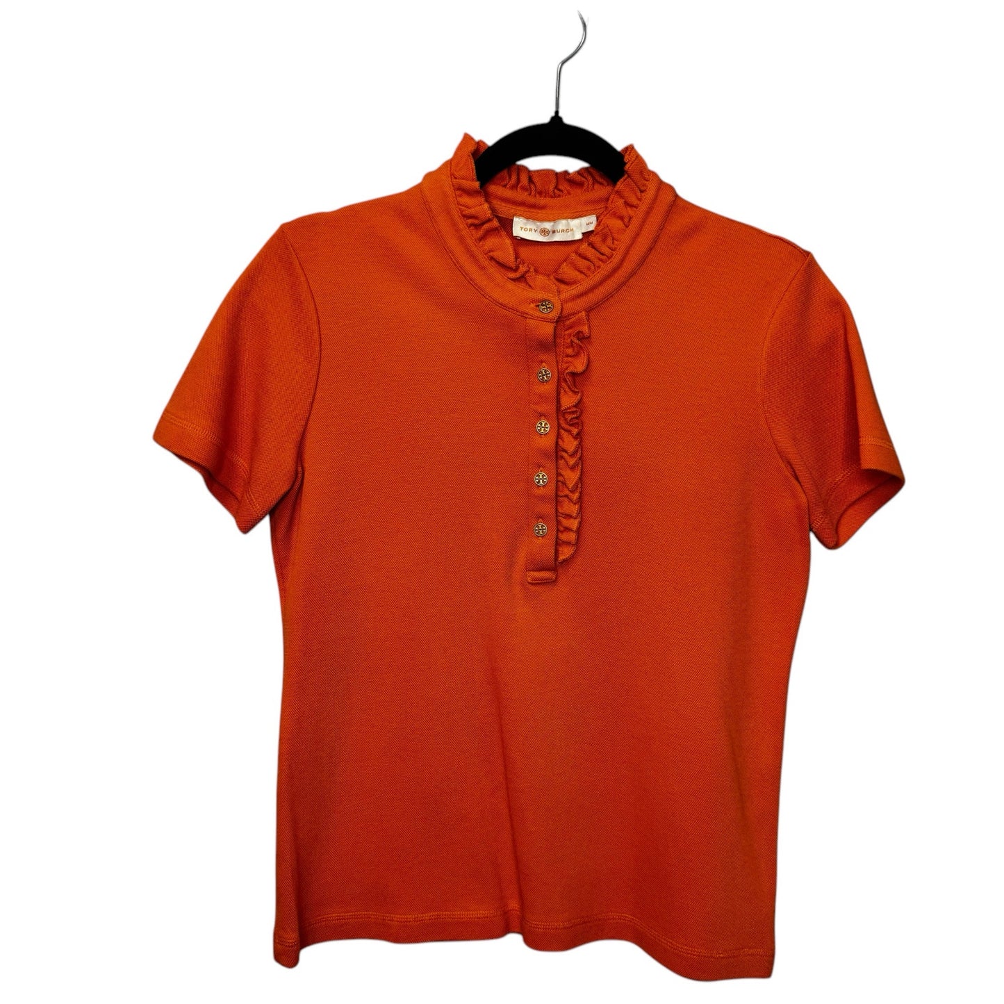 Tory Burch Red Short Sleeve Ruffle Neck Half Placket Lidia Polo Womens Medium