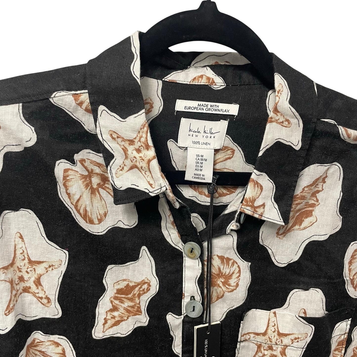 NWT Nicole Miller 100% Linen Long Sleeve Button Up Seashell Print Black Medium