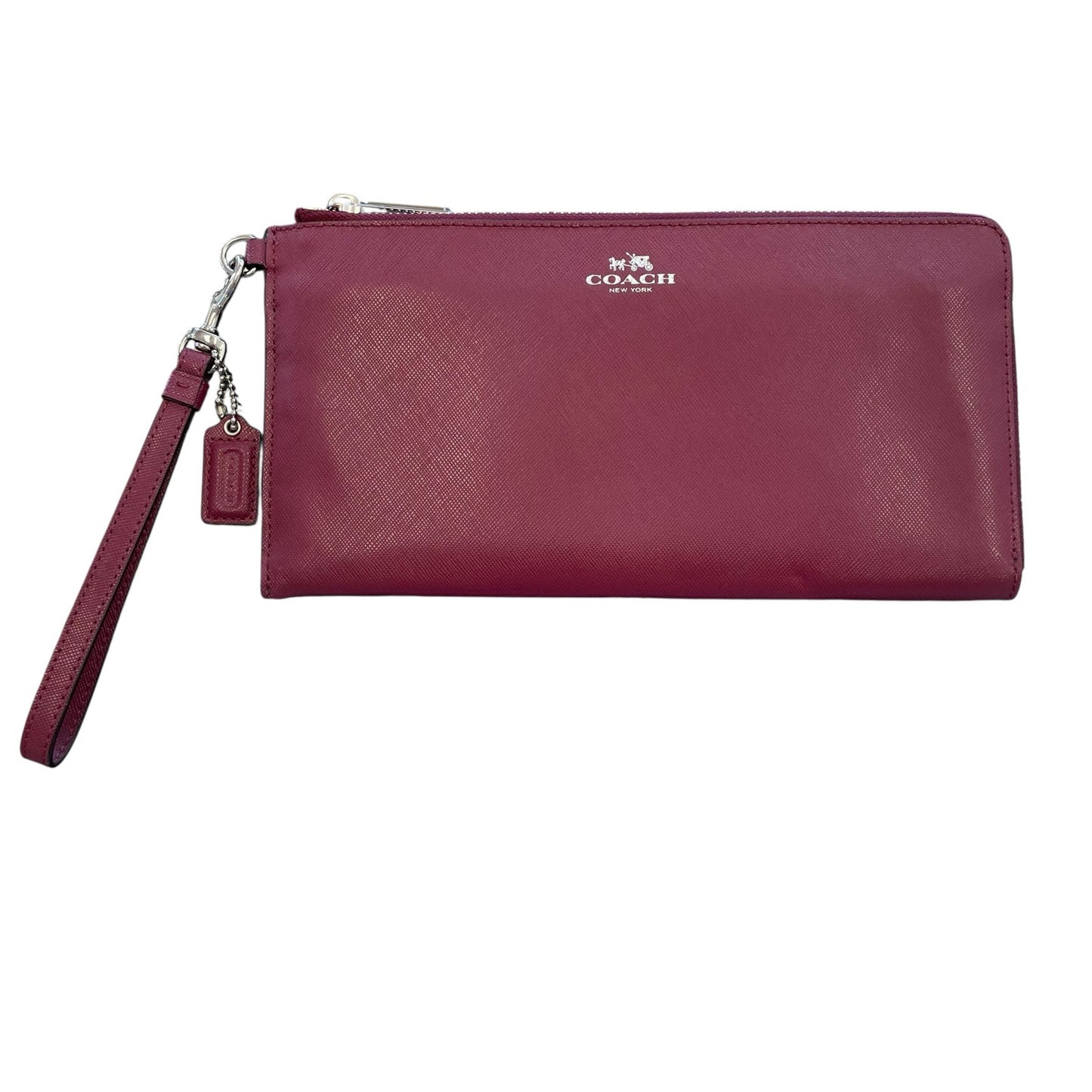 Coach Burgundy Saffiano Leather Zip Up Wristlet Pouch