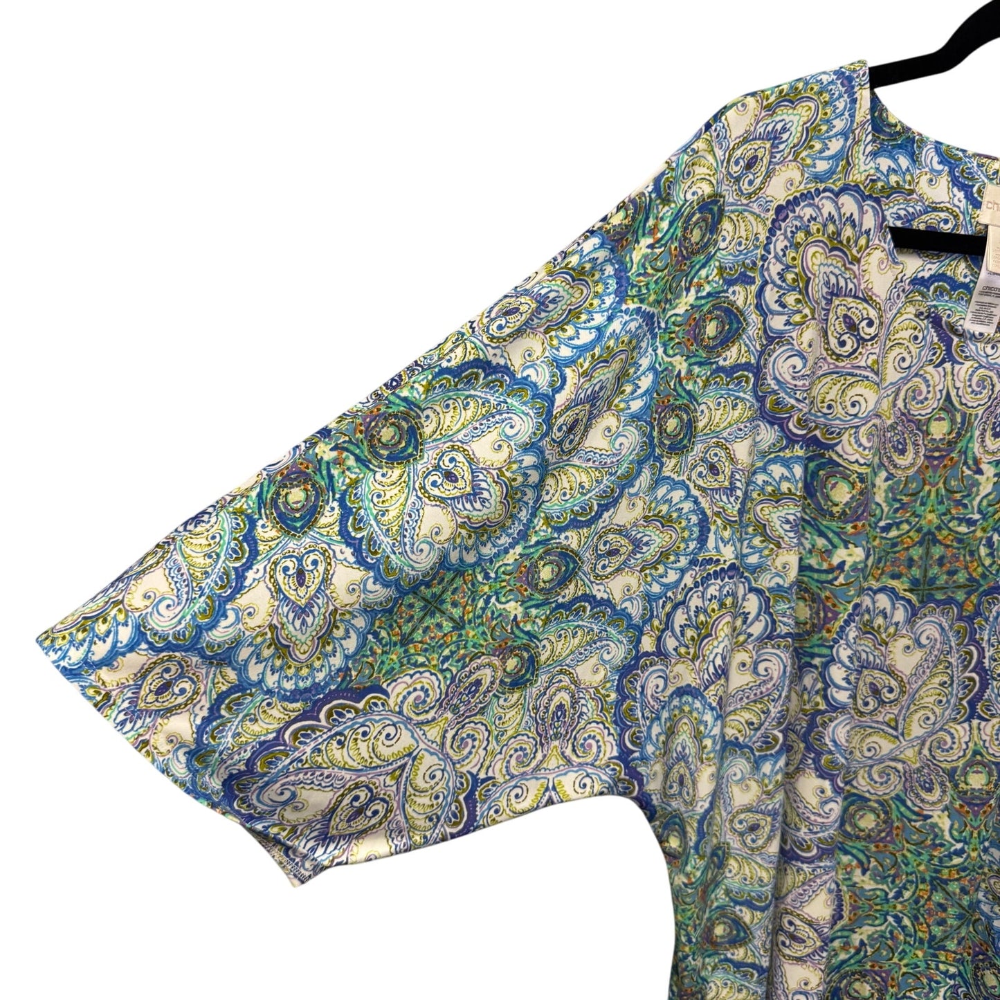 Chico's Blue Green Purple Paisley 3/4 Kimono Sleeve Round Neck Top Womens 20