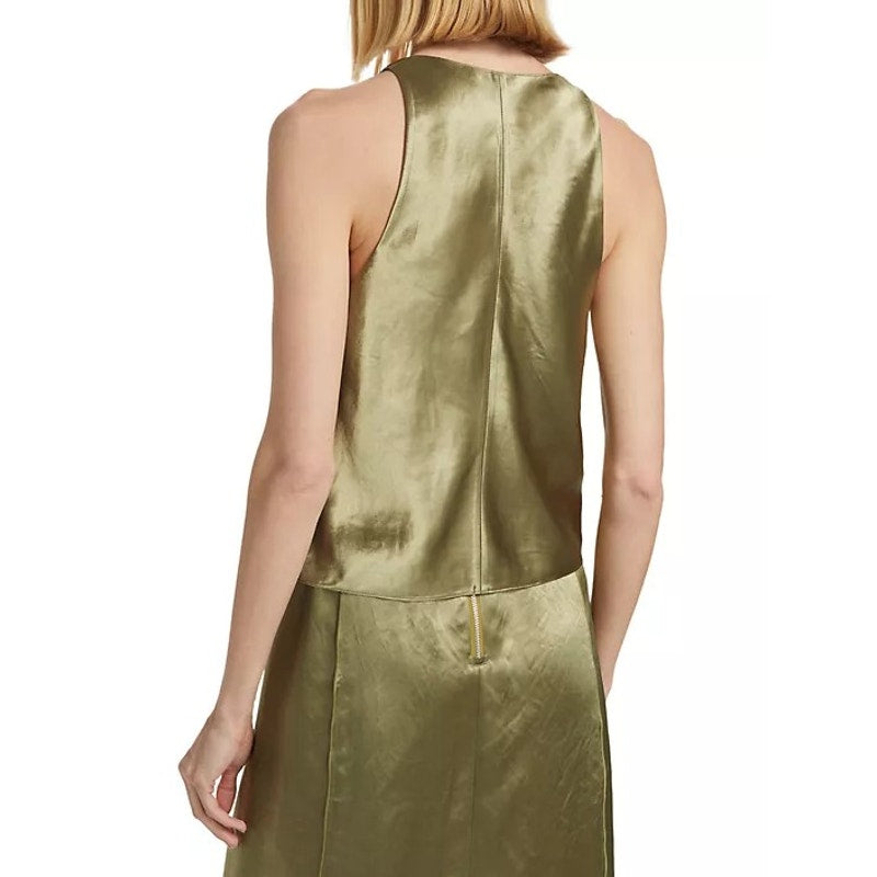 NWT Vince Earthly Green Sleeveless Surplice Neck Satin Tank Top Womens X-Small