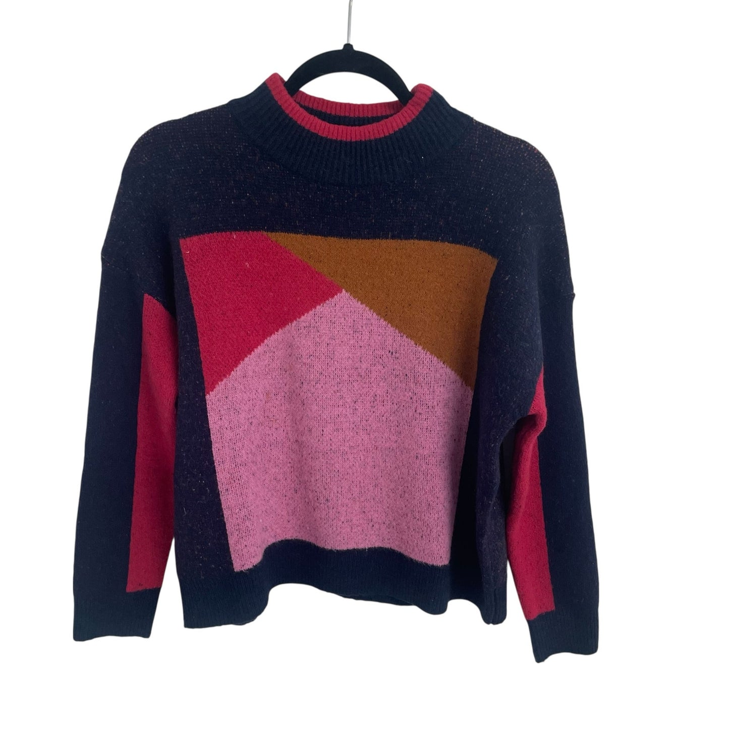 THML Navy Pink Geometric Colorblock Print Mock Neck Sweater Womens Size XS