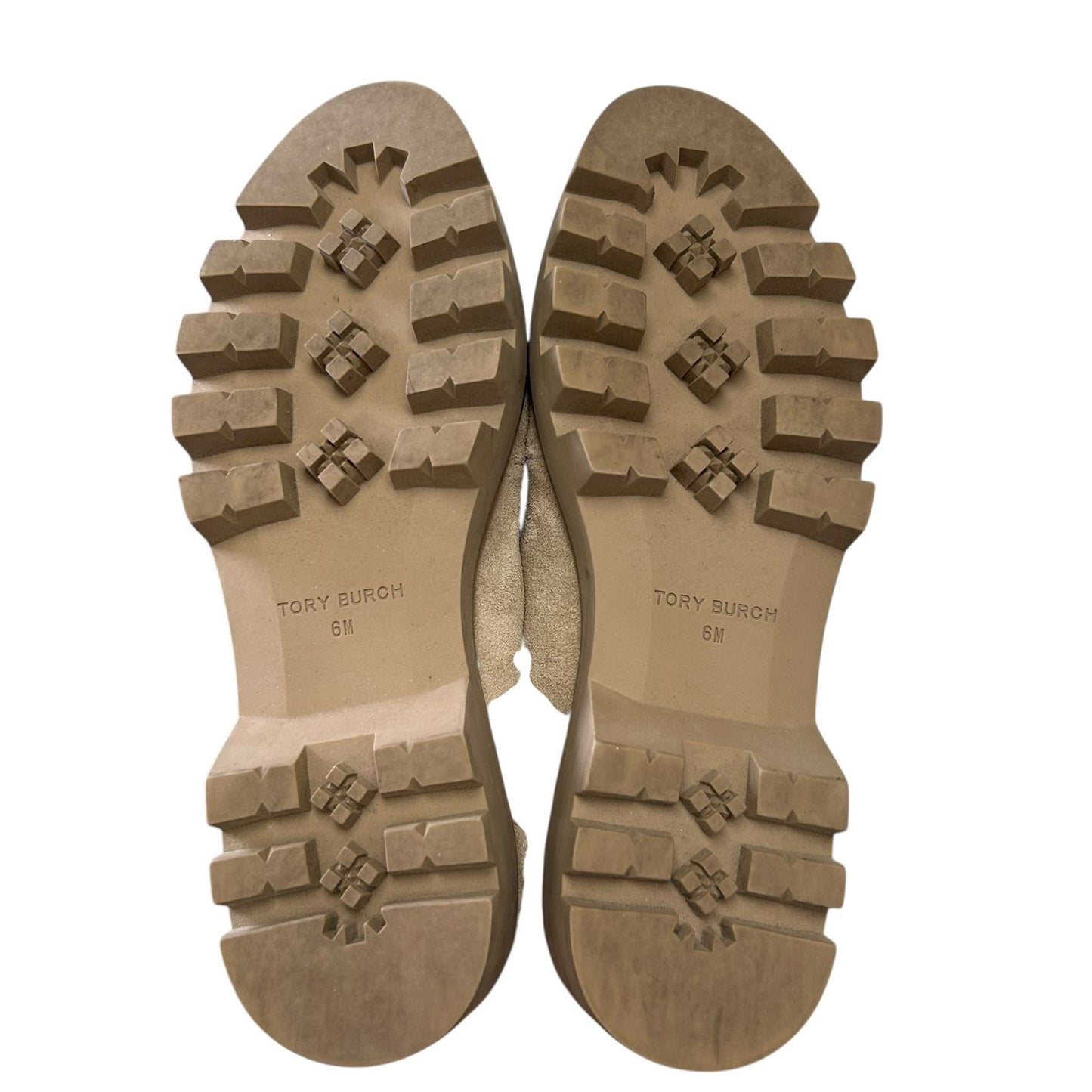 Tory Burch Avola Tan Suede Leather Gold Logo Everly Chunky Loafers Womens 6