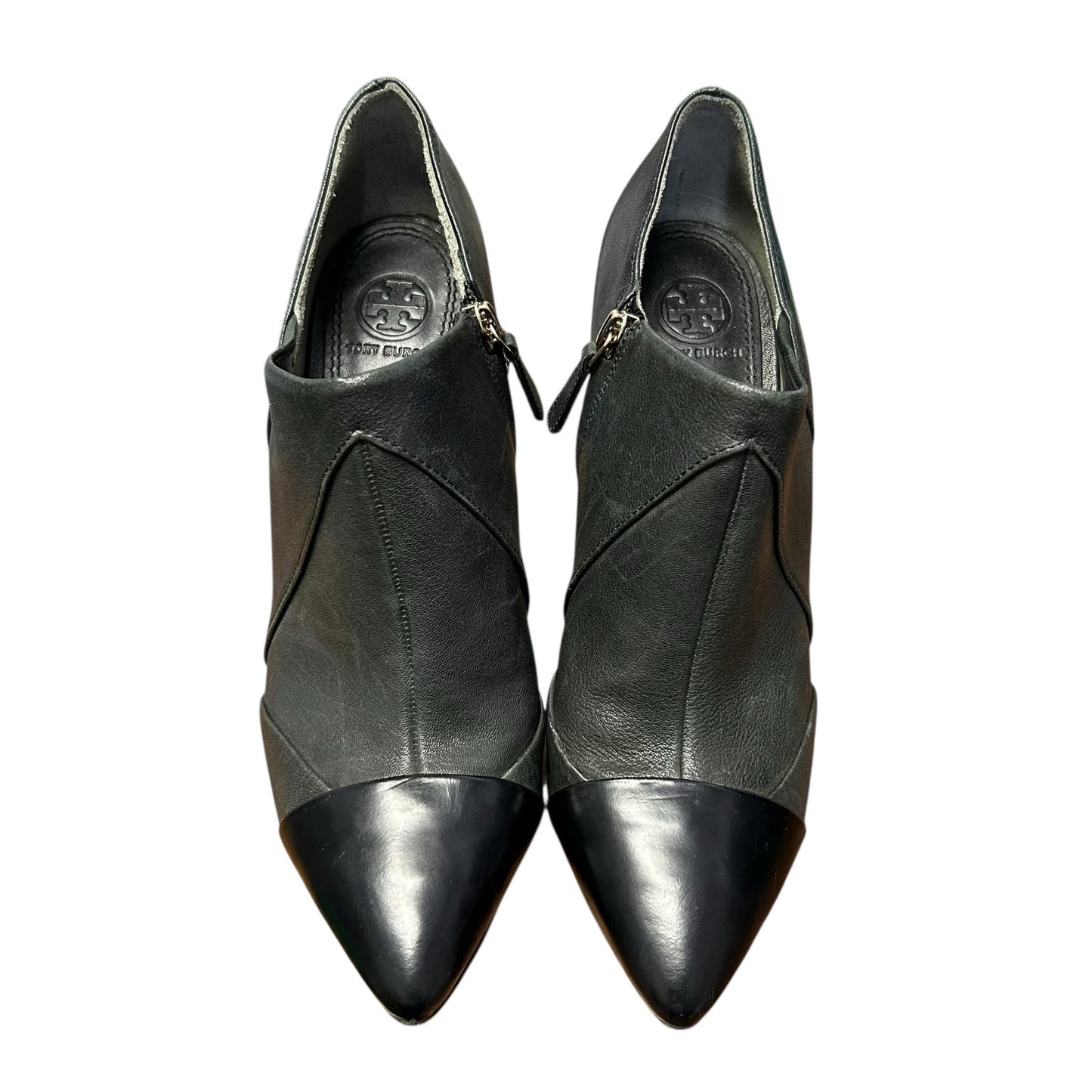 Tory Burch Charcoal Black Leather Lorelei Pointed Toe Side Zip Booties Womens 9