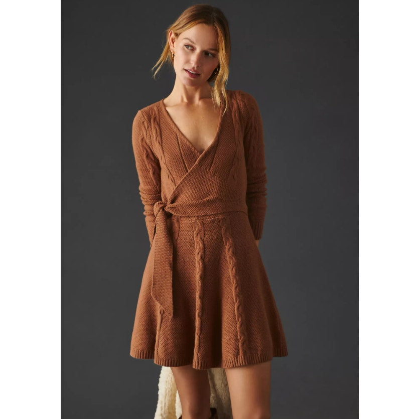 NWT Greylin Anthropologie Brown Wrap Long Sleeve Sweater Dress Womens Small