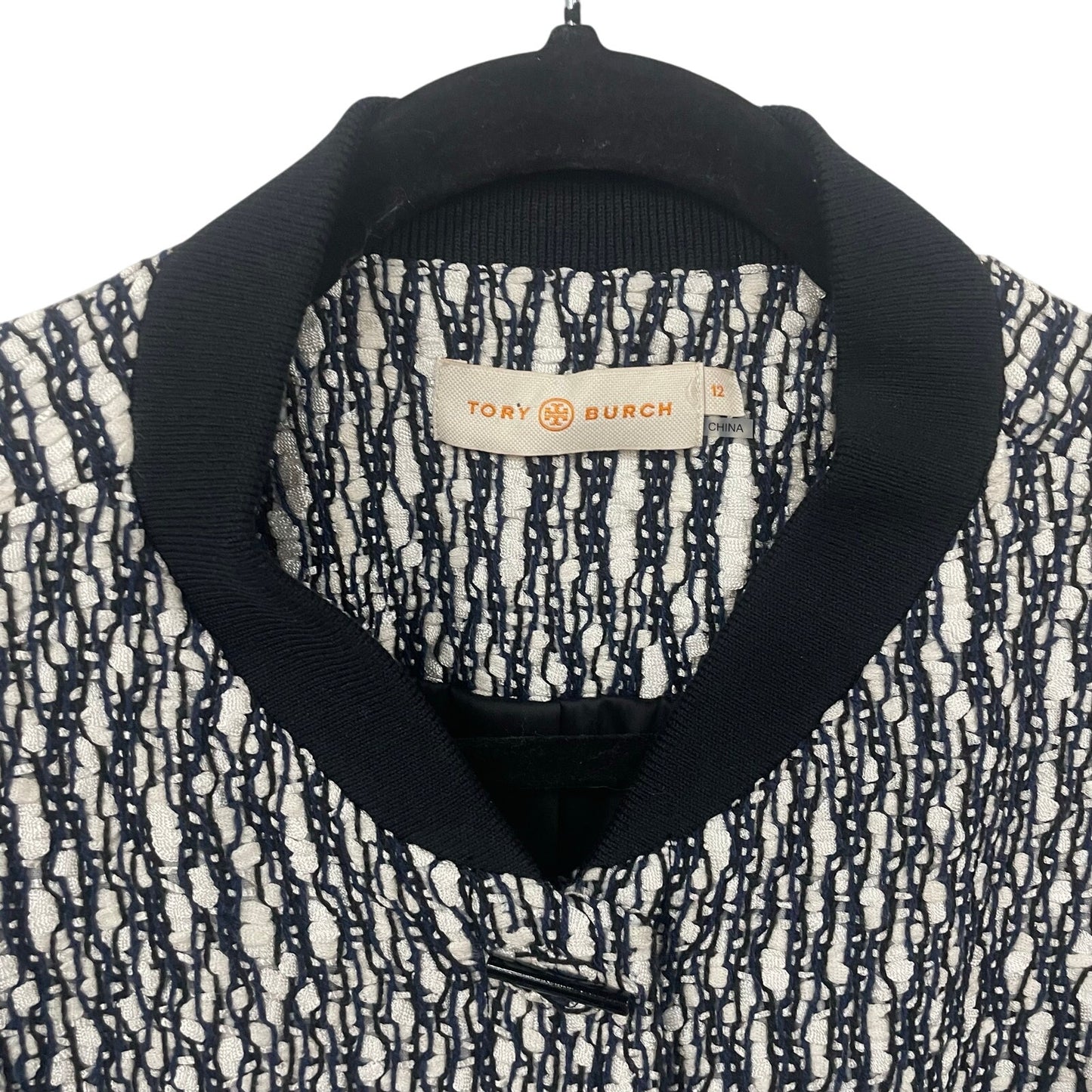 Tory Burch Button Front Boucle Tweed Coat Black Blue White Brown Womens 12