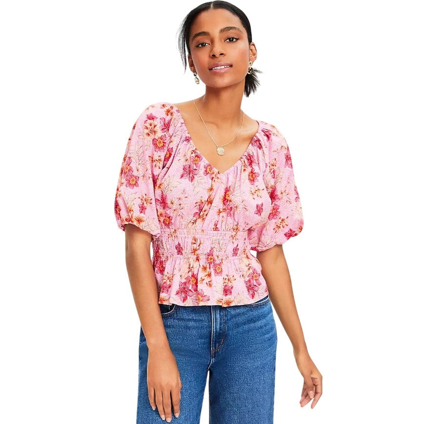 LOFT Pink Zinnia Lily Gathered Waist V-Neck Blouse Womens Petite Small