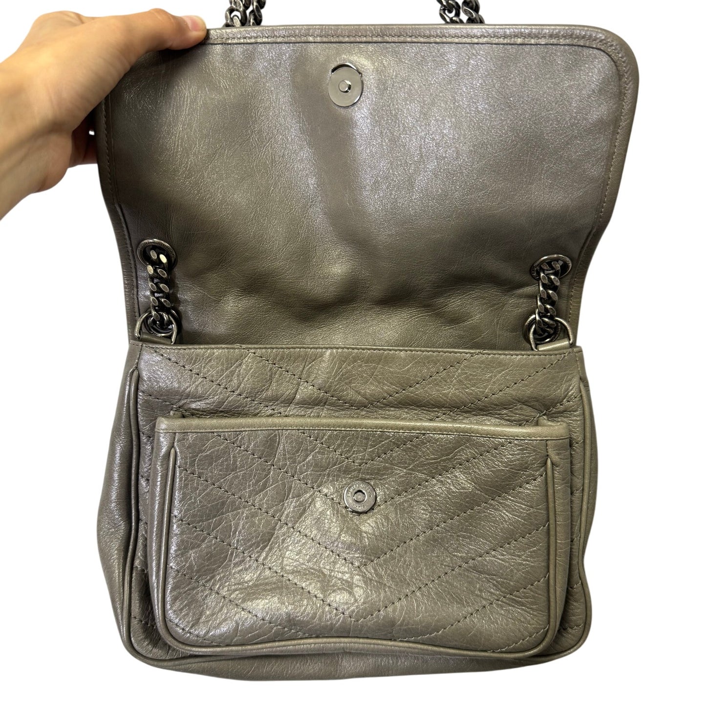 Yves Saint Laurent Fog Grey Crinkled Calfskin Monogram Niki Chain Satchel
