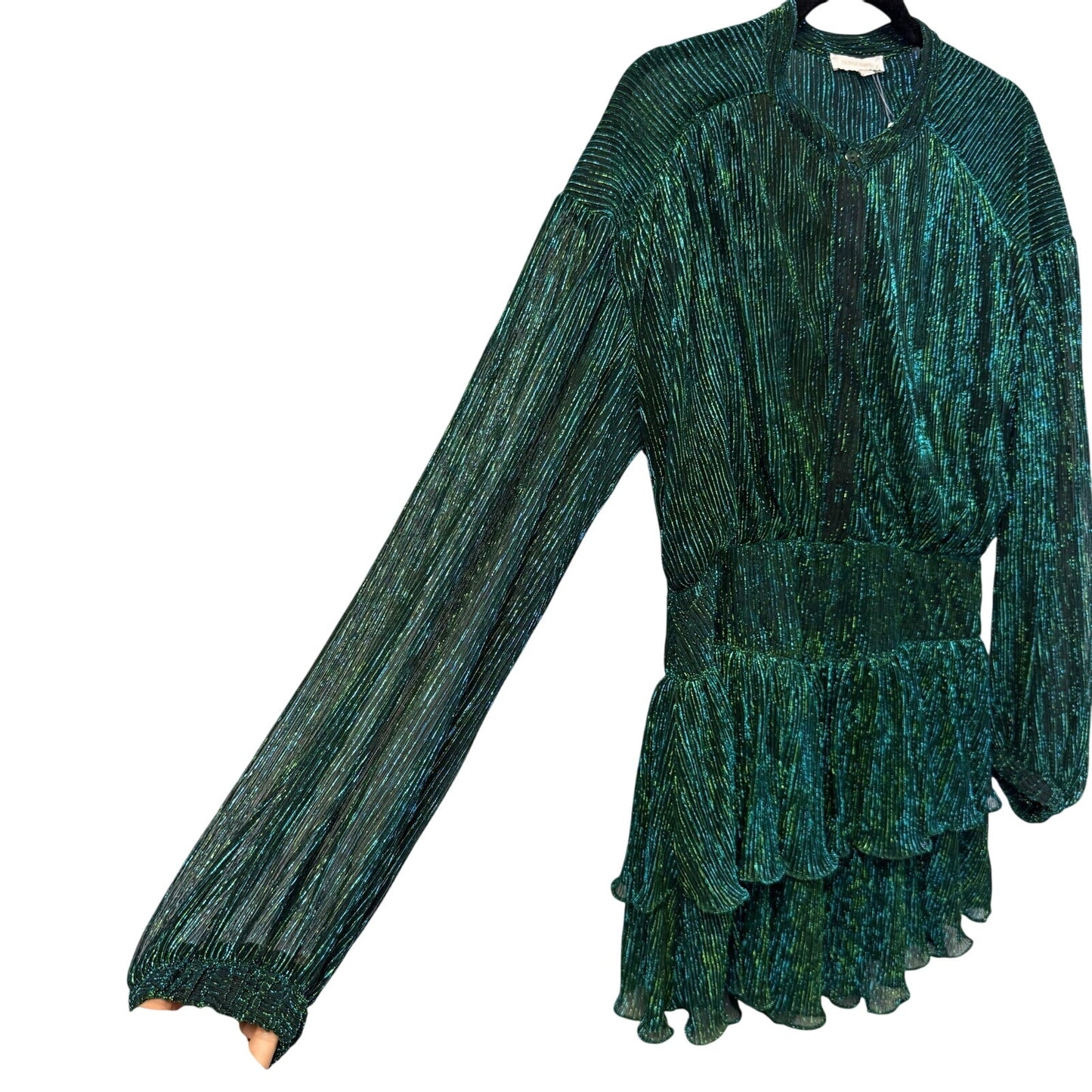 NWT Olivaceous Green Balloon Sleeve Button Up Layered Mini Dress Womens Large