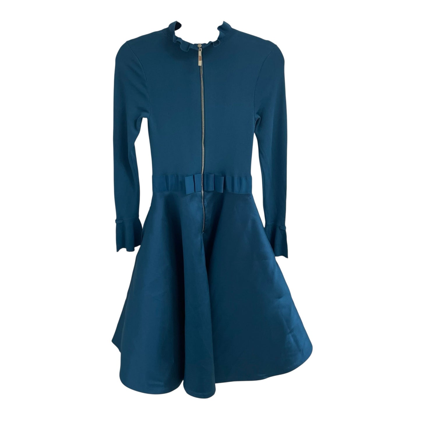 Ted Baker Fit & Flare Knit Satin Full Skirt Zadi Dress Teal Blue Size 1 / US 4