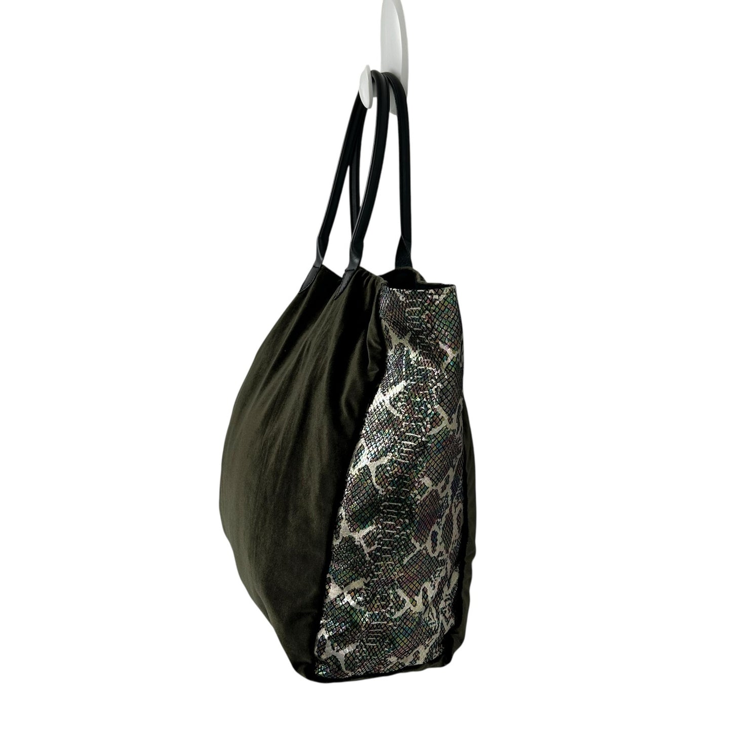 Momo Anthropologie Dark Green Velour Metallic Snakeskin Double Handle Tote Bag