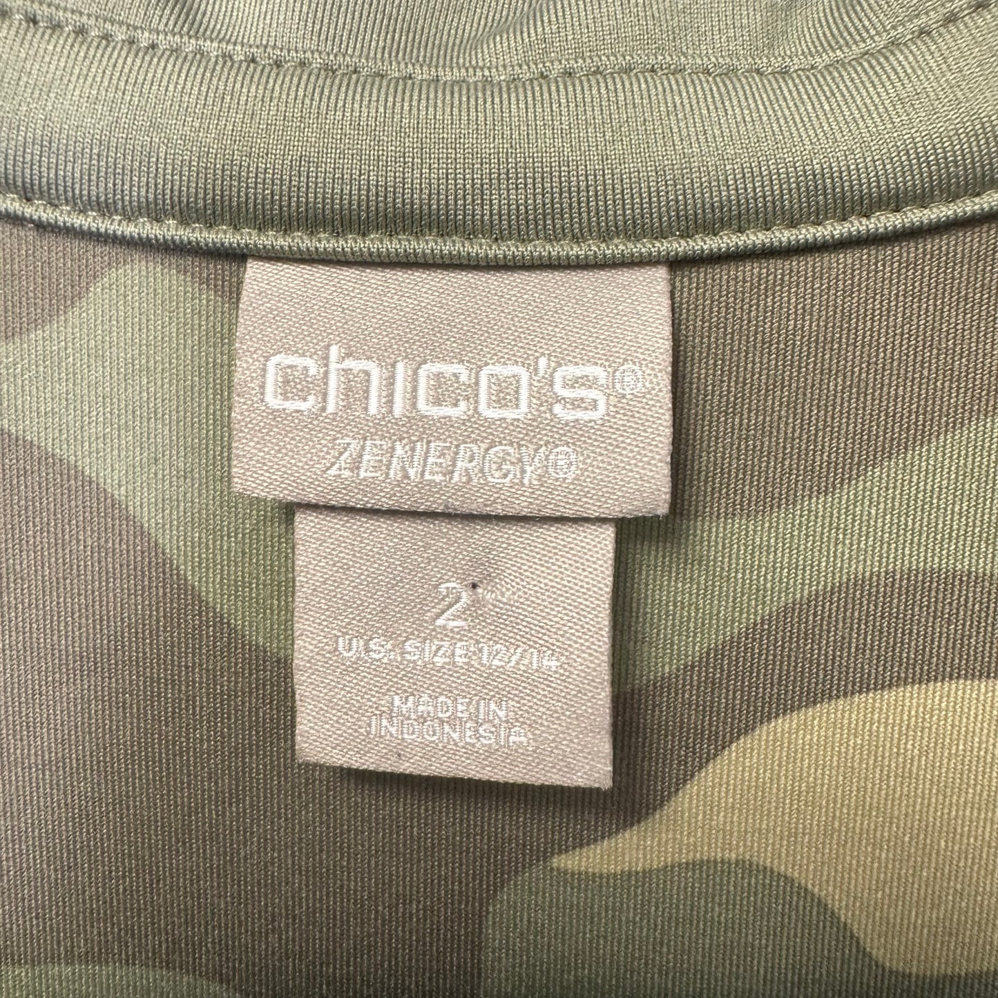 Chico's Green Camouflage Sleeveless Collared V Neck Side Slit Tank Top Womens 12