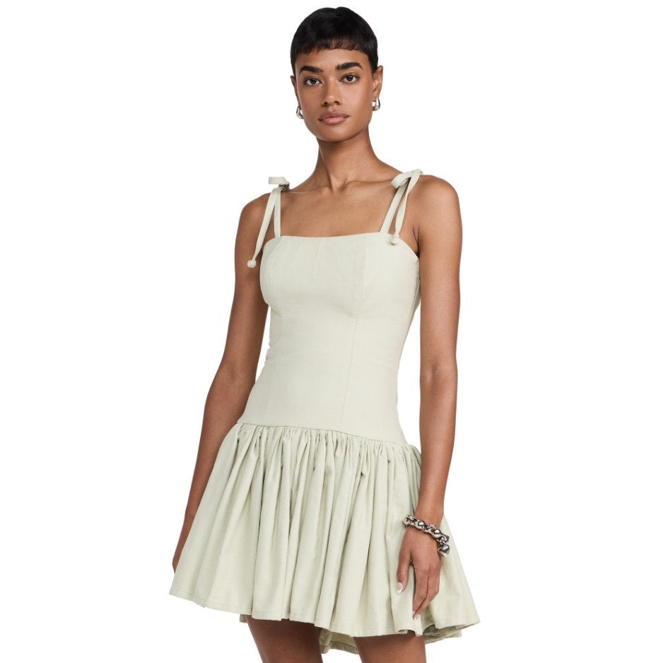 NWT Rendoll Sage Green Tie Strap Drop Waist Pleated Mini Dress Womens 4