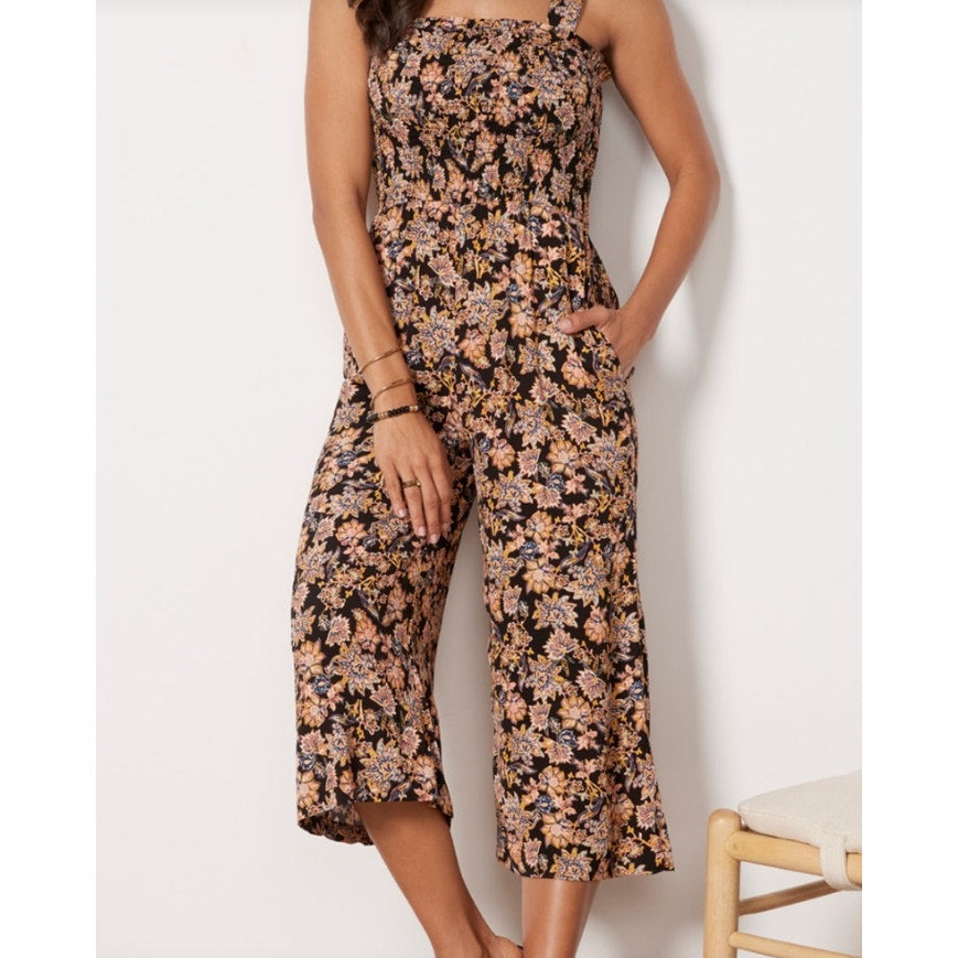 Evereve Black Multi Floral Print Smocked Bodice Maren Jumpsuit Womens Large