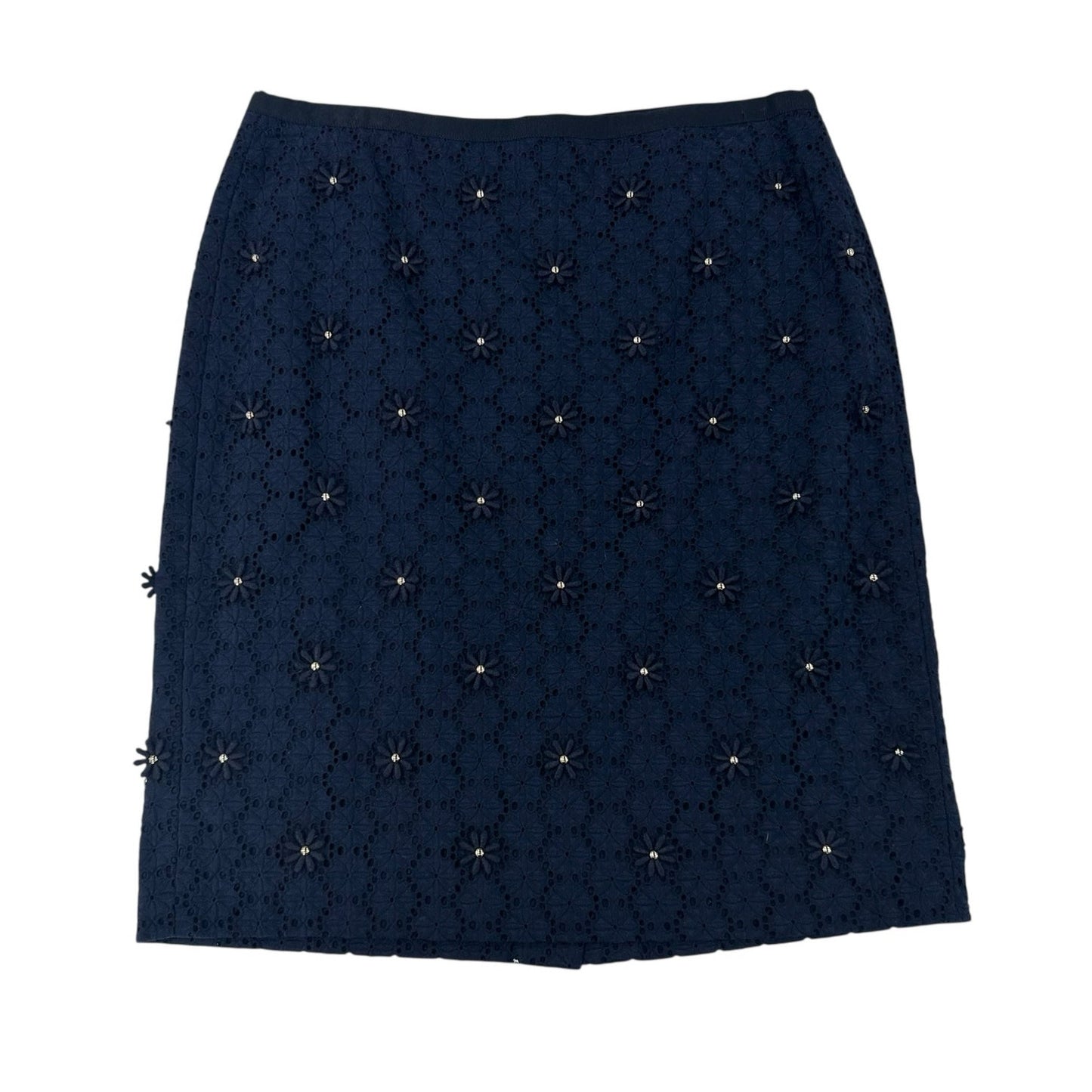 Talbots Navy Floral Eyelet Gold Embellished Lined Pencil Skirt Womens Petite 8