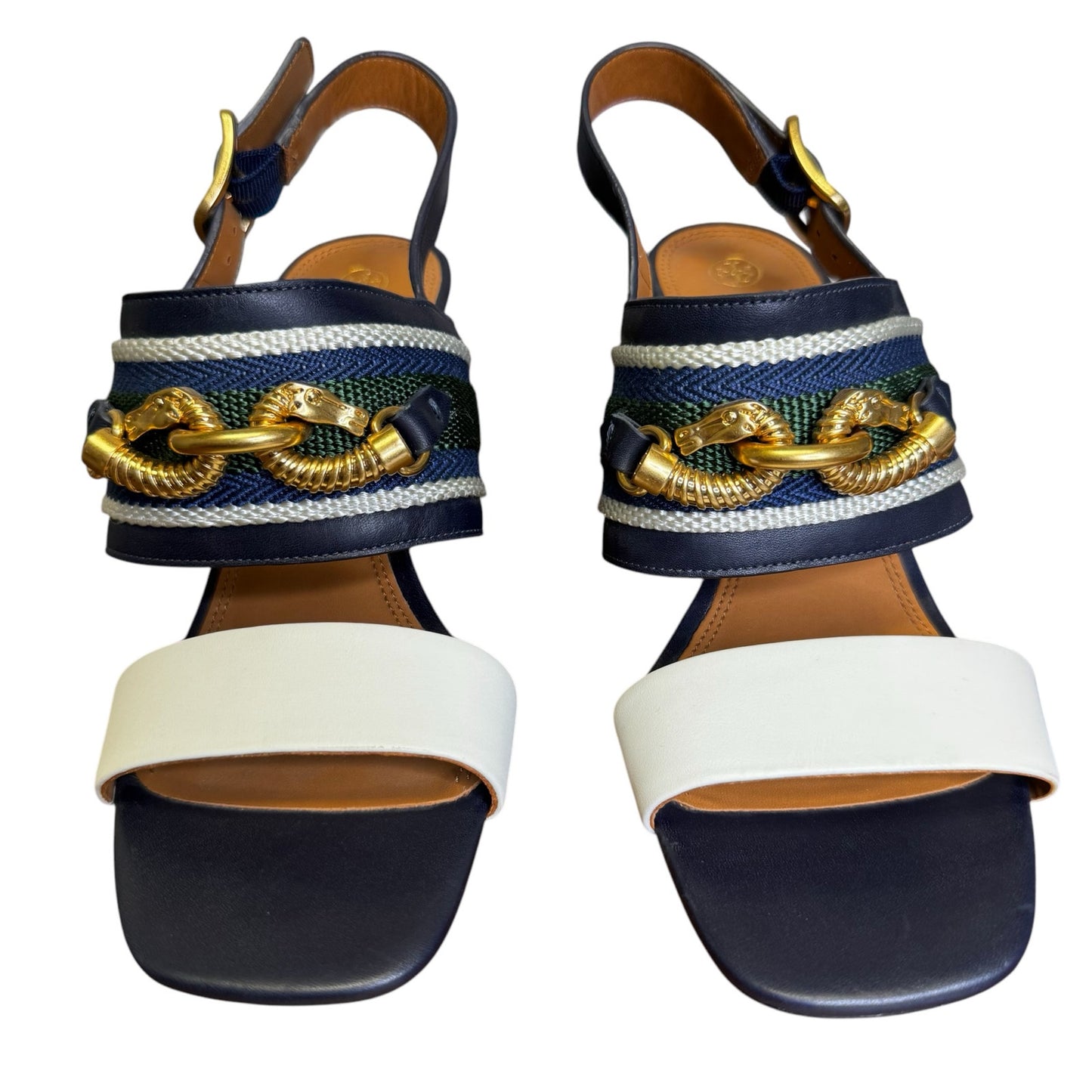 Tory Burch Navy Green White Jessa Slingback Block Heel Sandals Womens 8.5
