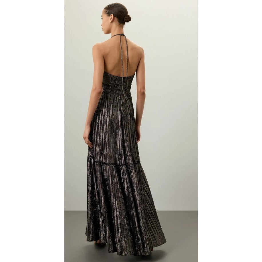 NWT ALC Metallic Sleeveless Halter Scoop Neck Pleated Cecila Maxi Dress Womens 4