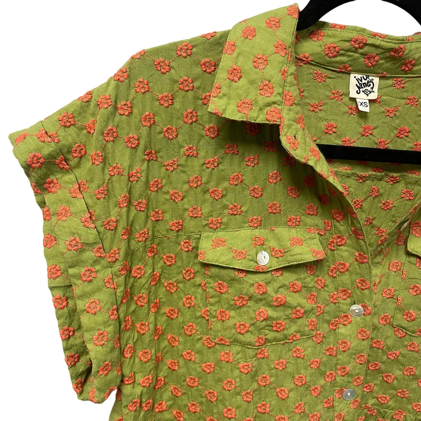 Ivy Jane Ginger Floral Embroidered Short Sleeve Button Up Green Coral Womens XS