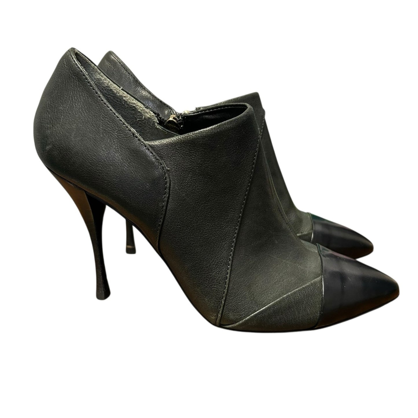 Tory Burch Charcoal Black Leather Lorelei Pointed Toe Side Zip Booties Womens 9