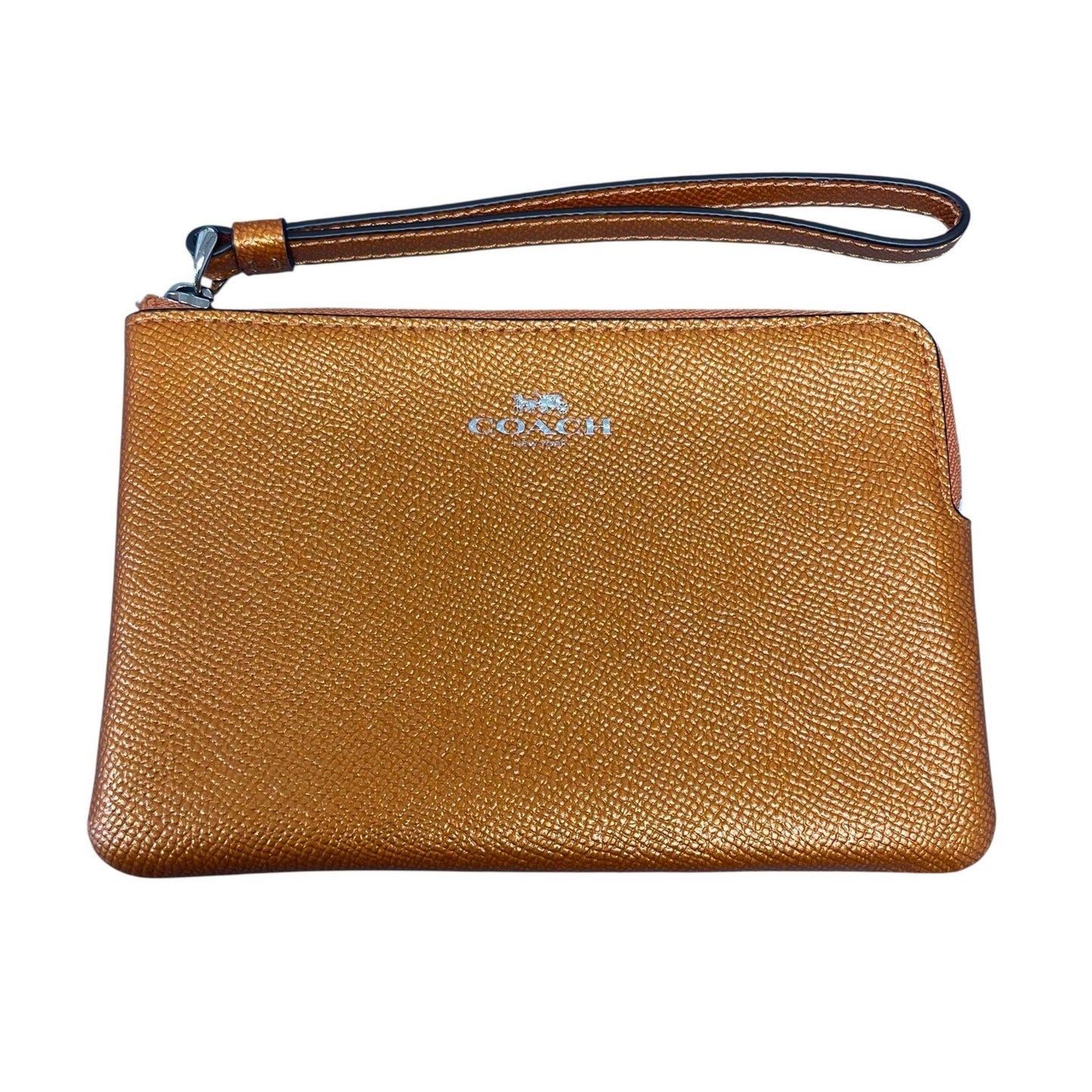 Coach Metallic Orange Leather Zip Up Wristlet Pouch Wallet