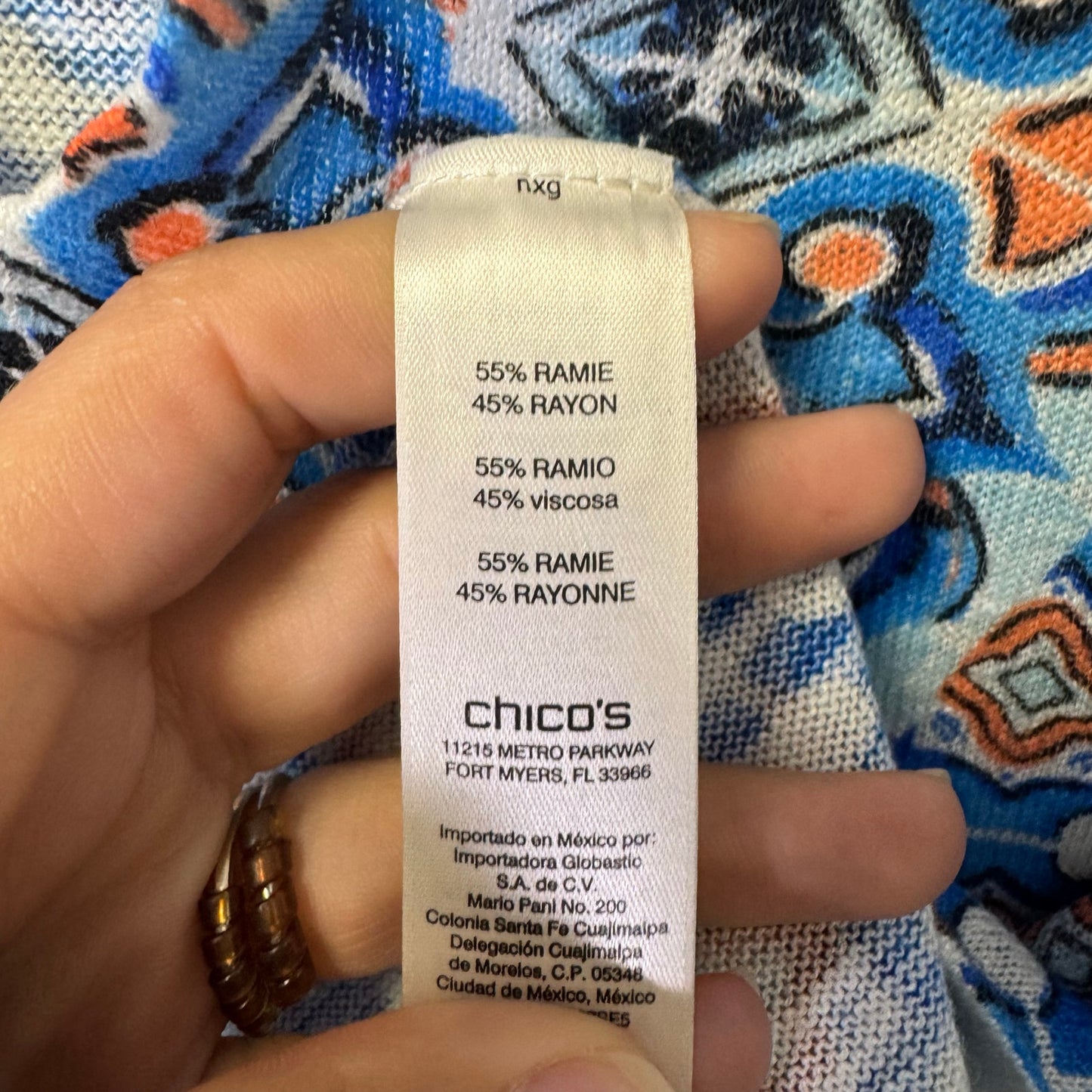 Chico’s Blue Orange Geometric Print Short Sleeve V Neck Ramie Top Womens 20