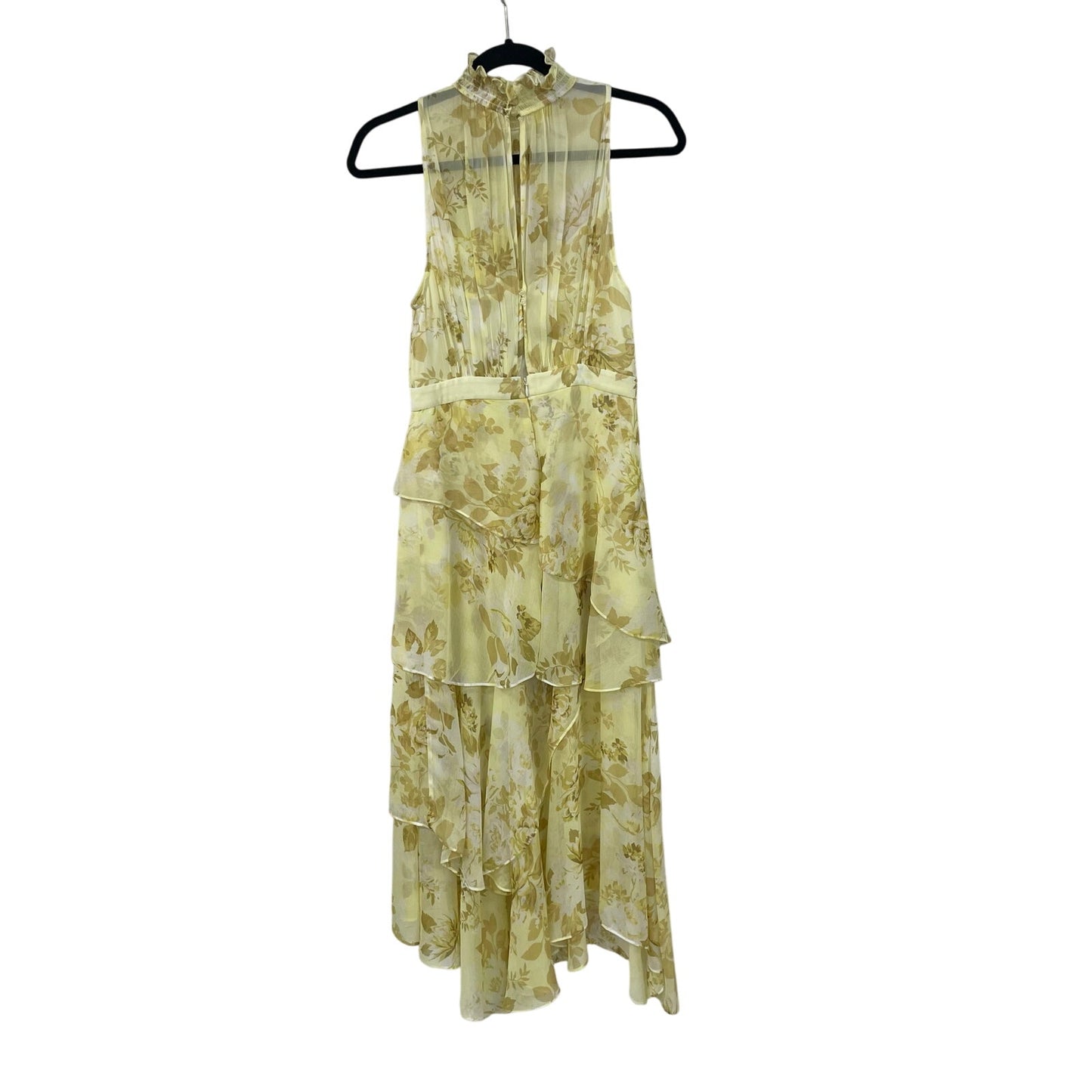 Shona Joy Light Yellow Floral Leticia Tiered Dress Mock Neck Midi Length US 4