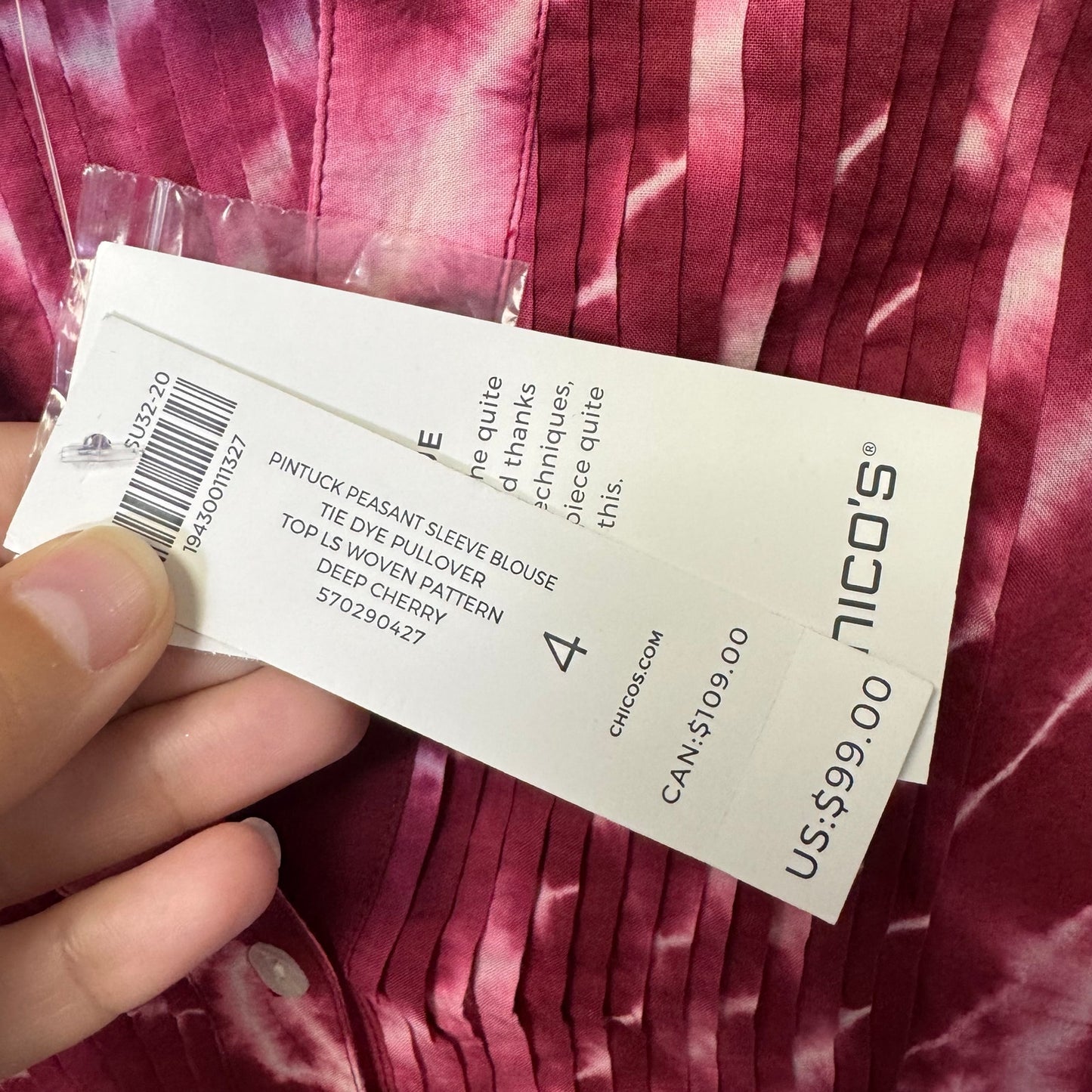 NWT Chico’s Deep Cherry Tie Dye Peasant Sleeve Pintuck Cotton Blouse Womens 20
