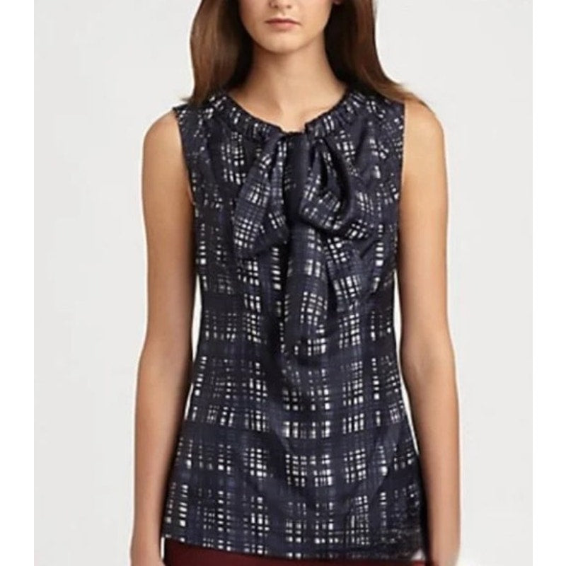 Tory Burch Navy White Sleeveless Tie Neck Silk Saffield Blouse Tank Womens 8