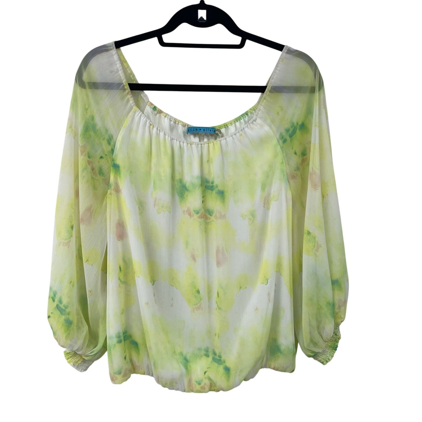 Alice + Olivia Sheer Sleeve Yellow Green Tie Dye Blouse Womens Small