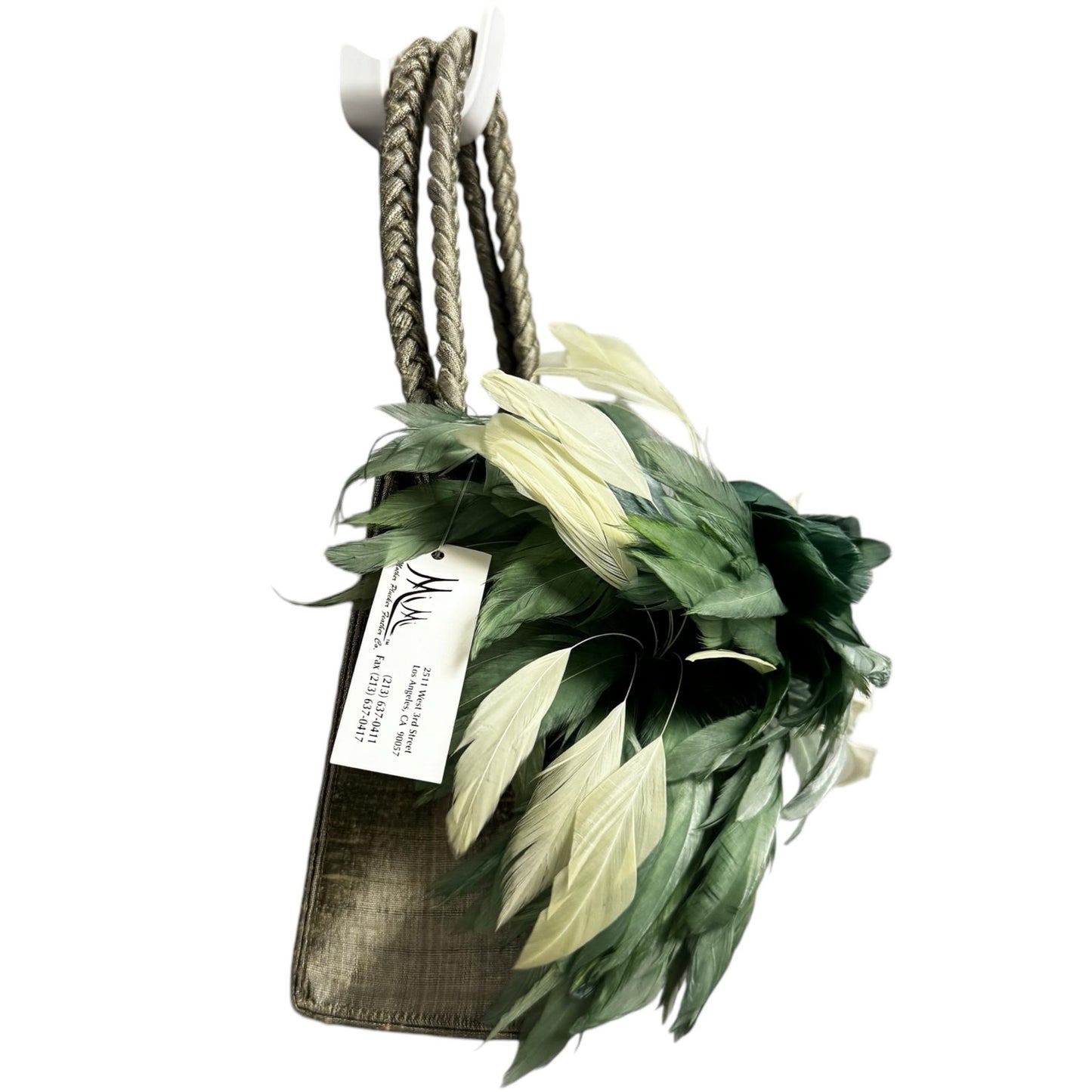 NWT Mother Plucker Feather Company Khaki Sage Green Feather Silk Top Handle Bag