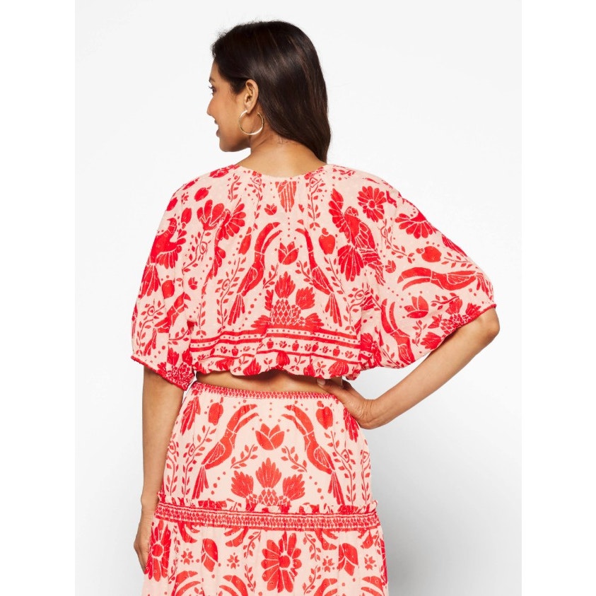 NWT Farm Rio Red White Jungle Flow Puff Sleeve Cotton Cropped Top Womens Small