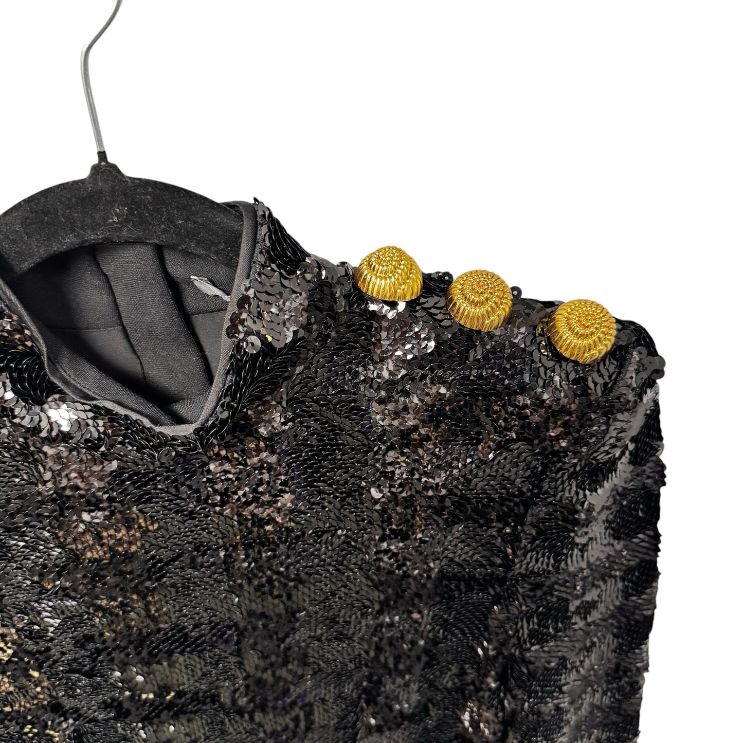 NWT Balmain Black Sequin Gold Button High Collar Fitted Long Maxi Dress Women 36