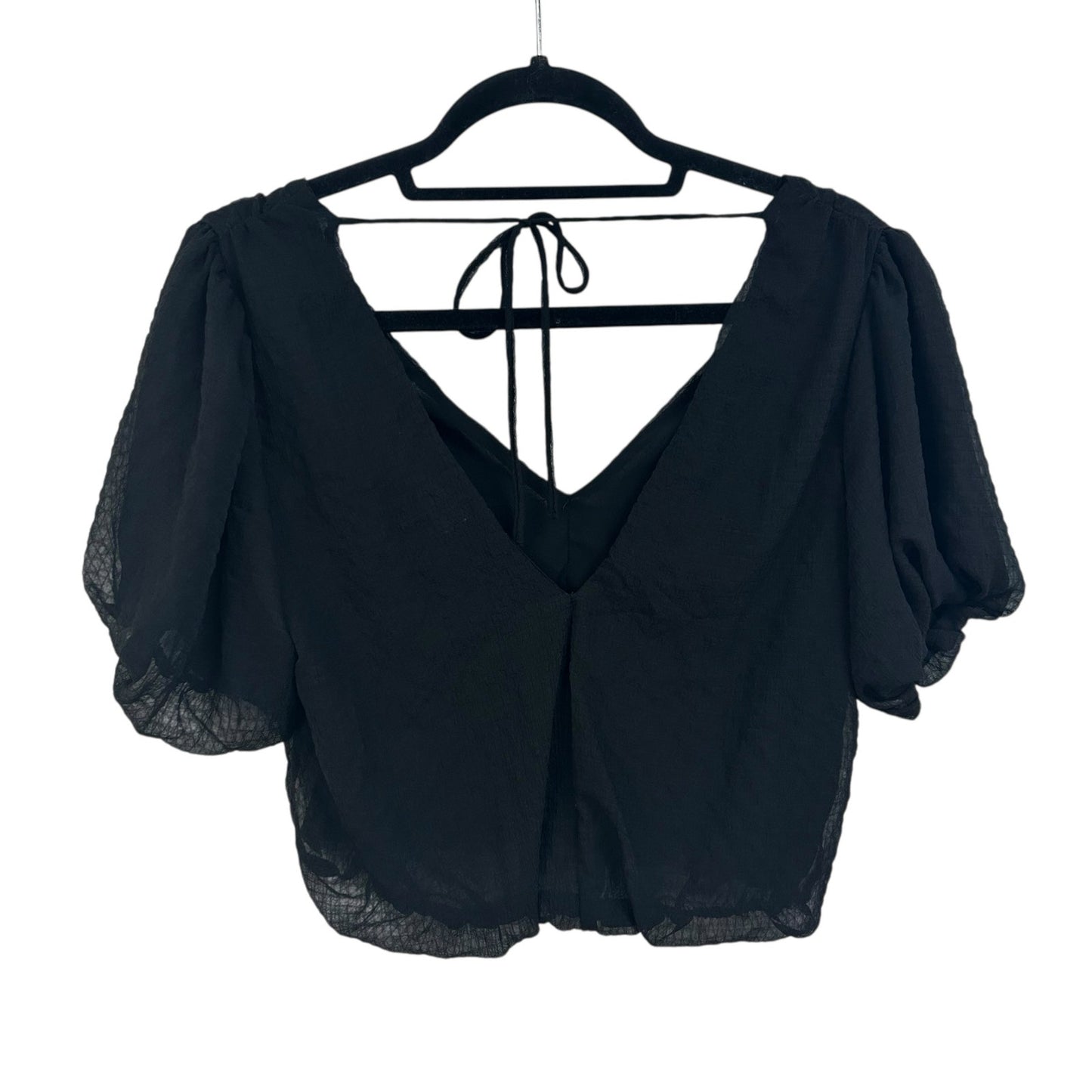 ASTR The Label Black Gauze Short Bubble Sleeve Tie Back Crop Top Womens XS