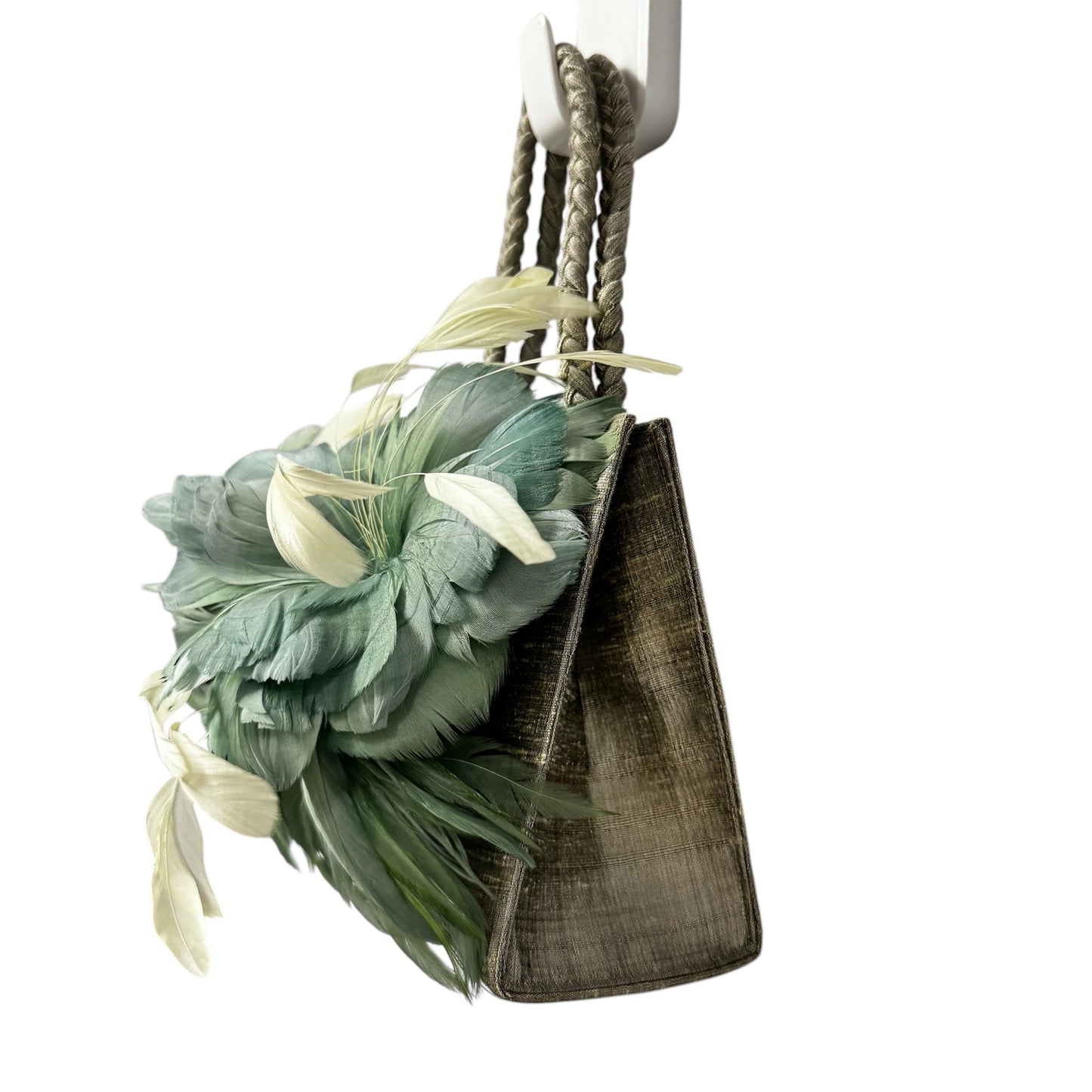 NWT Mother Plucker Feather Company Khaki Sage Green Feather Silk Top Handle Bag