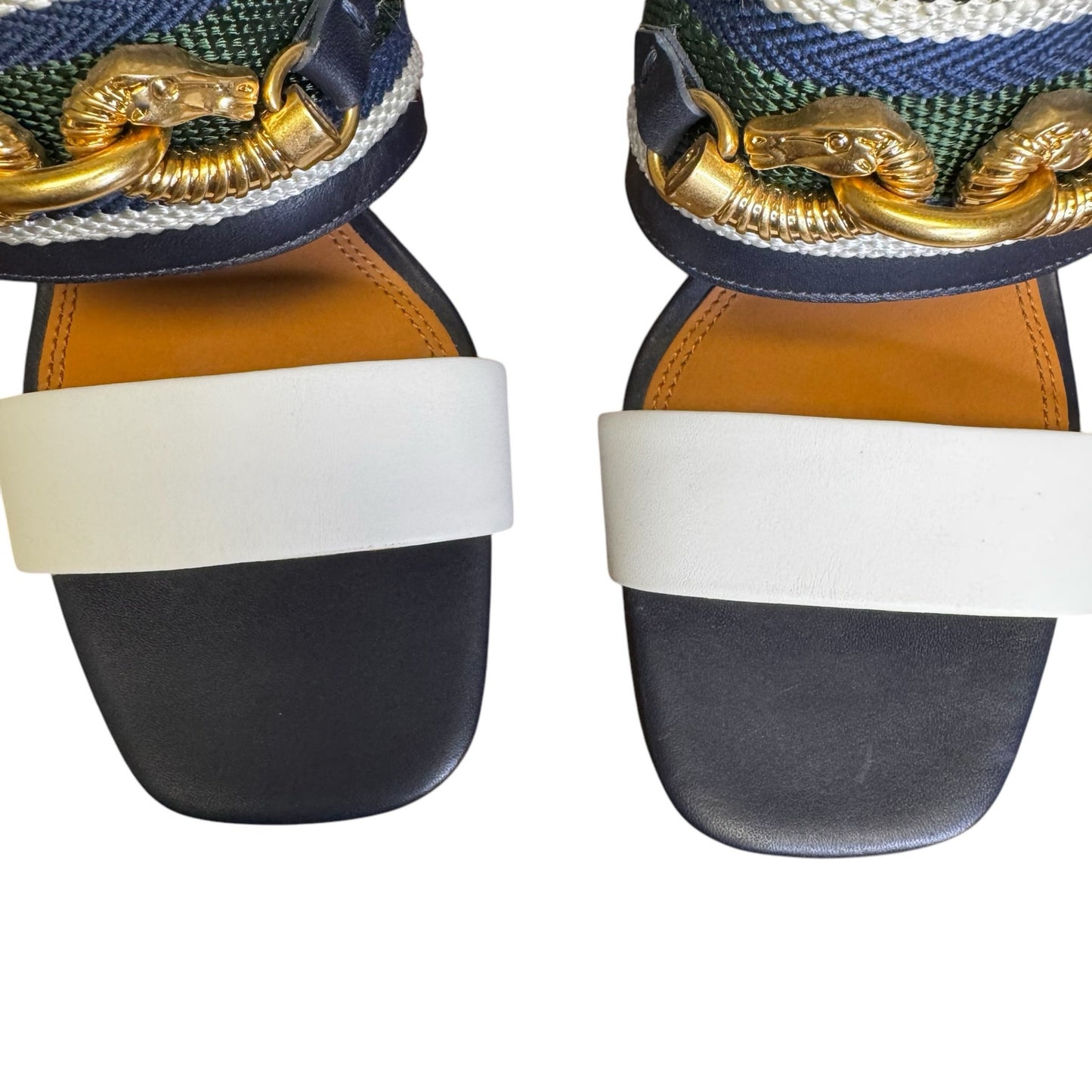 Tory Burch Navy Green White Jessa Slingback Block Heel Sandals Womens 8.5