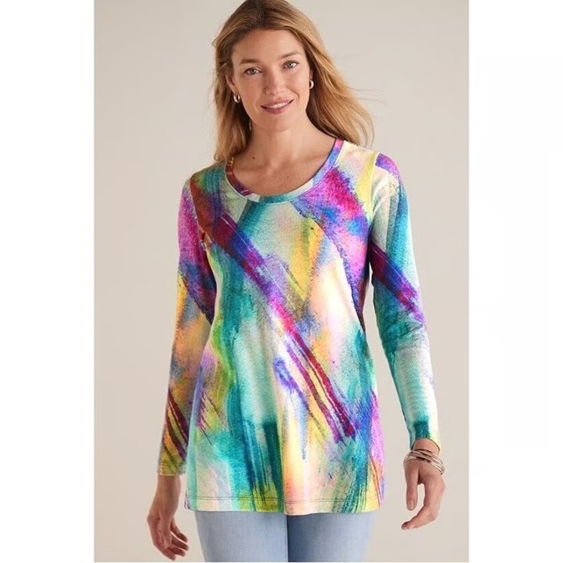 Soft Surroundings Dale Abstract Watercolor Long Sleeve Tunic Top Womens XL