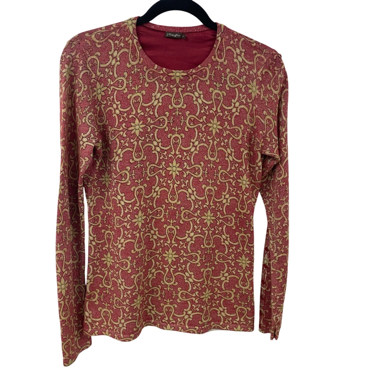 J. McLaughlin Red Gold Metallic Knit Long Sleeve Top Womens Size Small