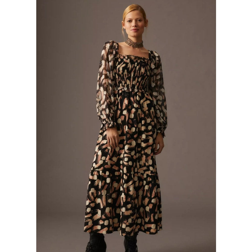 NWT Moon River Black Tan Printed Smocked Square-Neck Dress Womens Size Medium