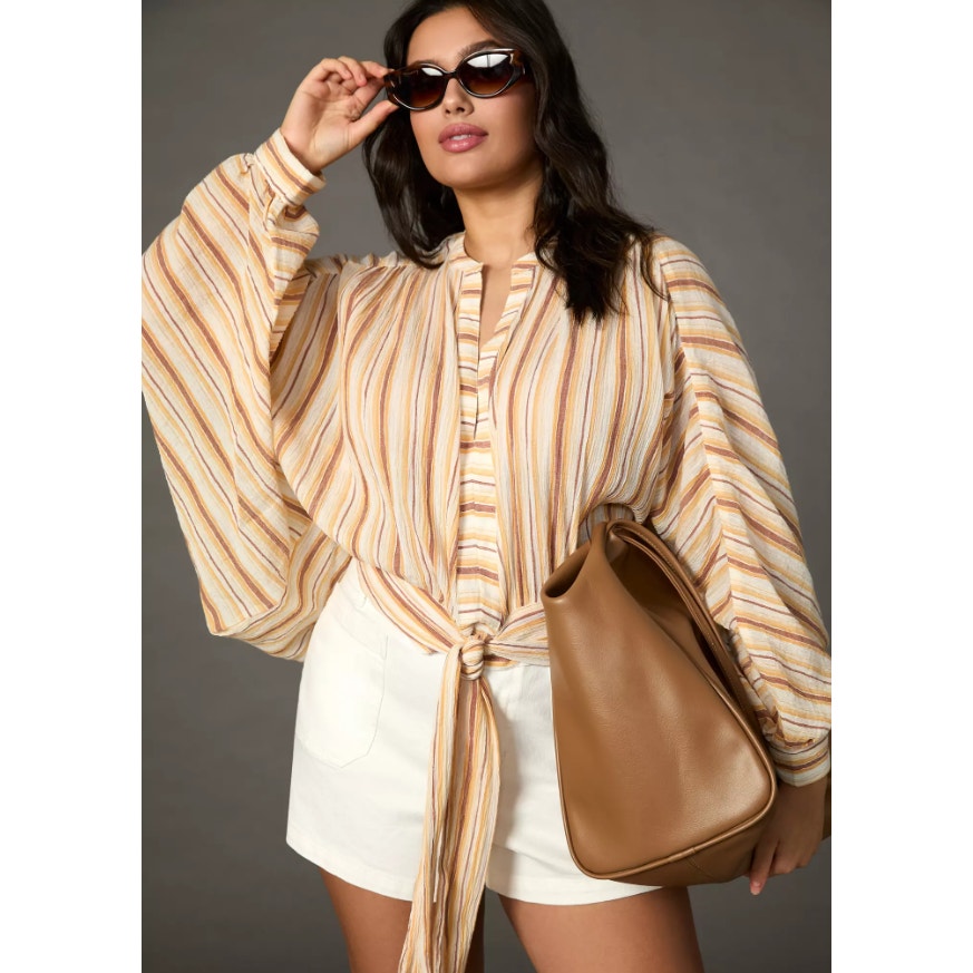 NWT by Anthropologie Yellow White Brown Stripe Tie-Front Blouse Womens Medium