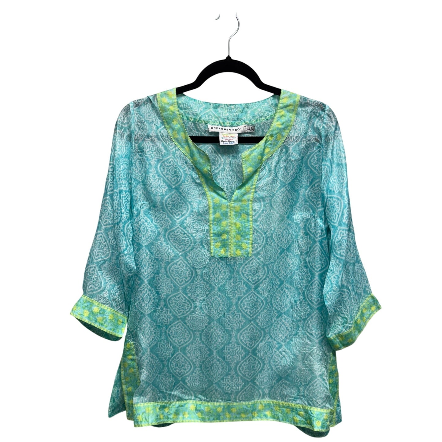 Gretchen Scott Turquoise Lime 3/4 Sleeve Easy Breezy Silk Tunic Womens Large