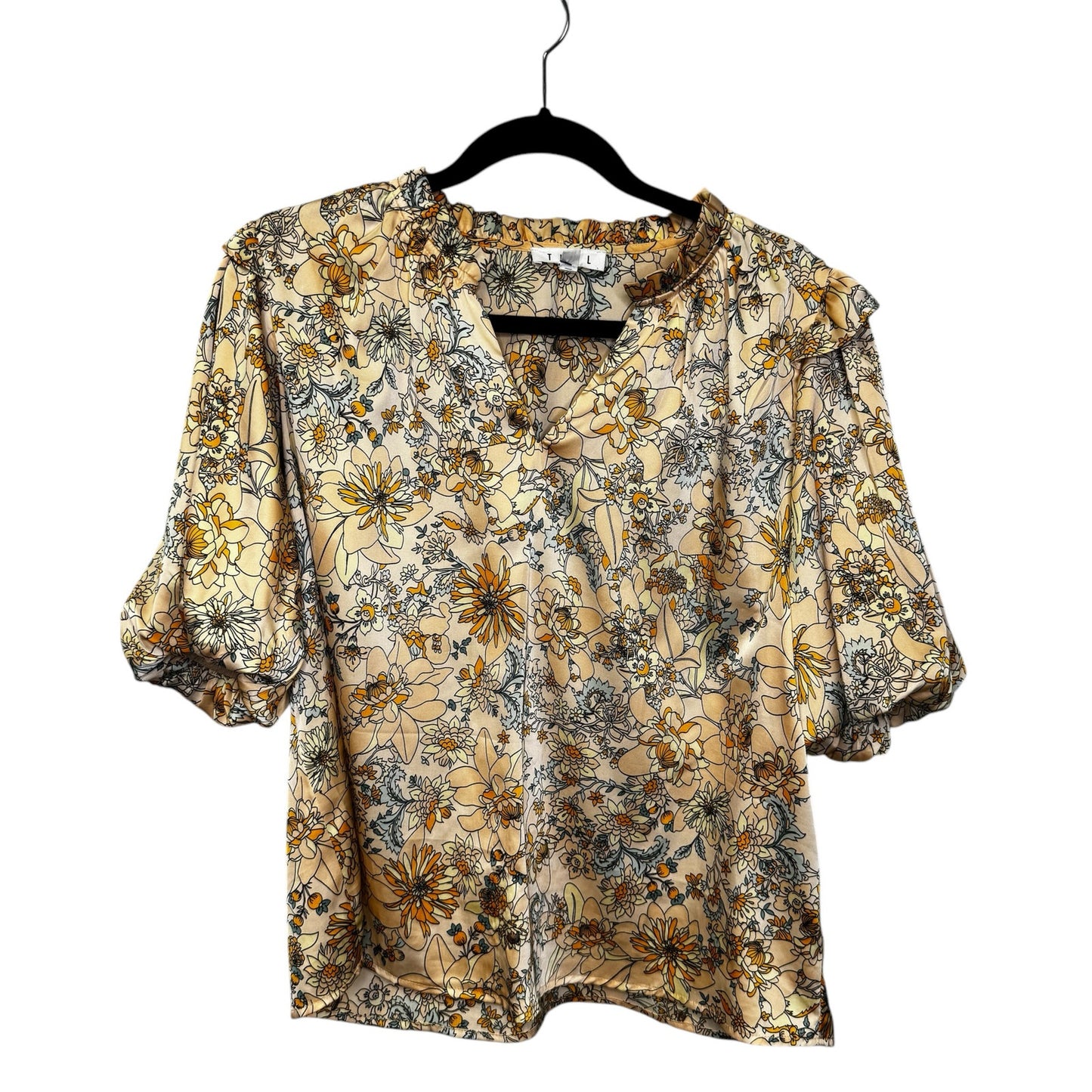 THML Yellow Floral Print Short Puff Sleeve V Neck Blouse Top Womens Large