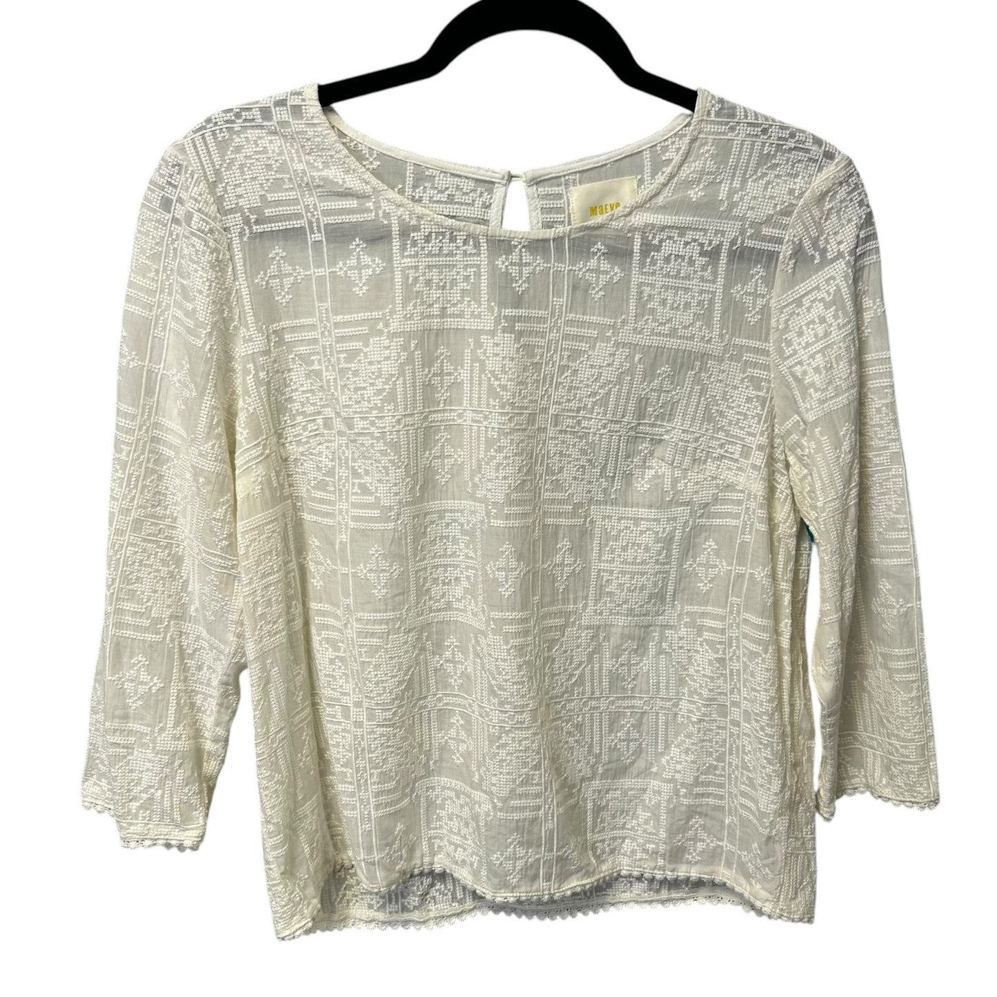 Maeve Ivory Textured Semi Sheer Rayon 3/4 Sleeve Crochet Trim Top Womens Small