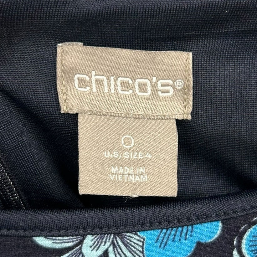 Chico’s Navy Blue Floral Point Border Print Sleeveless Shift Dress Womens US 4