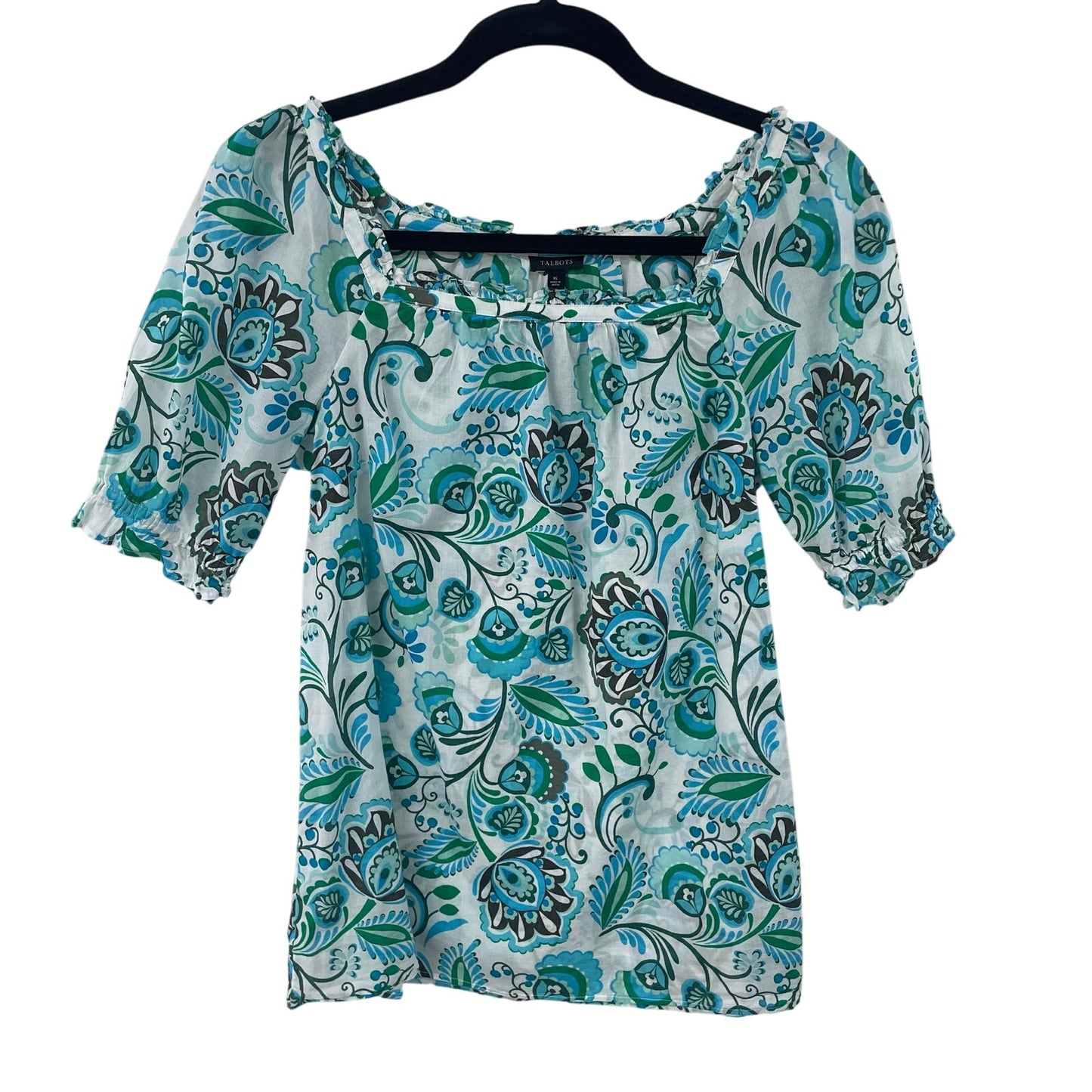 Talbots Short Sleeve Square Neck Blue Green Floral Print Top Womens Size XS