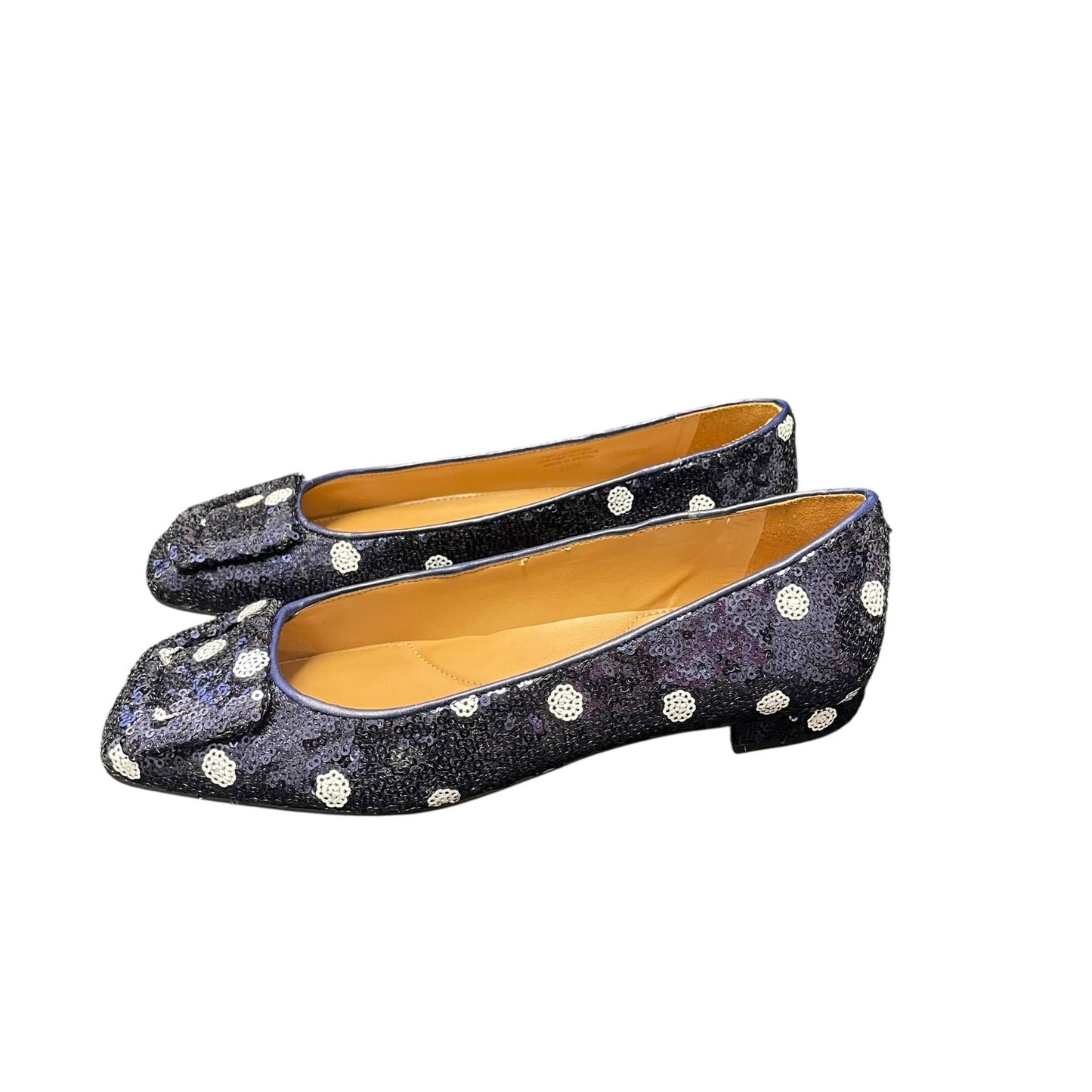 Talbots Sutton Buckle Flats Martini Dot Sequin Navy White Womens Size 6.5
