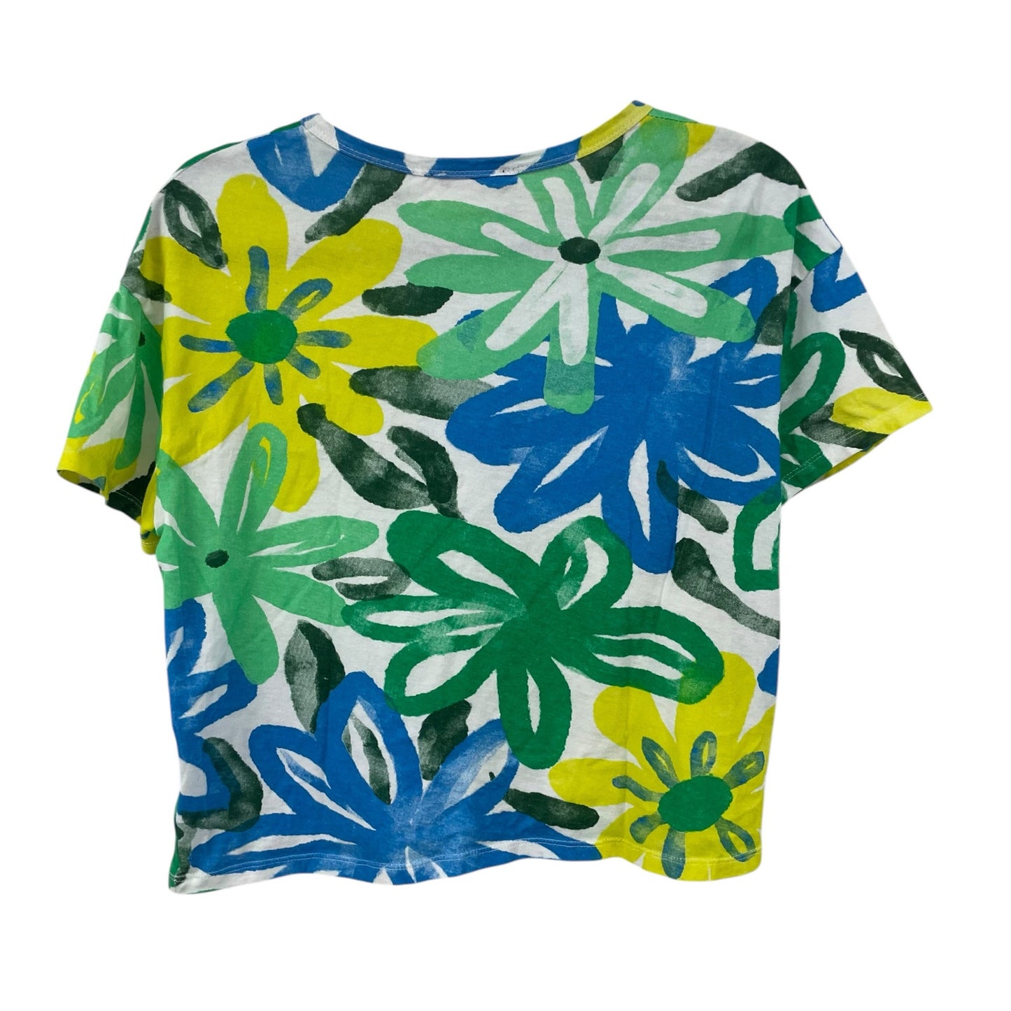 Zara Blue Green Yellow Bold Floral Print Short Sleeve Cropped Tee Womens Small