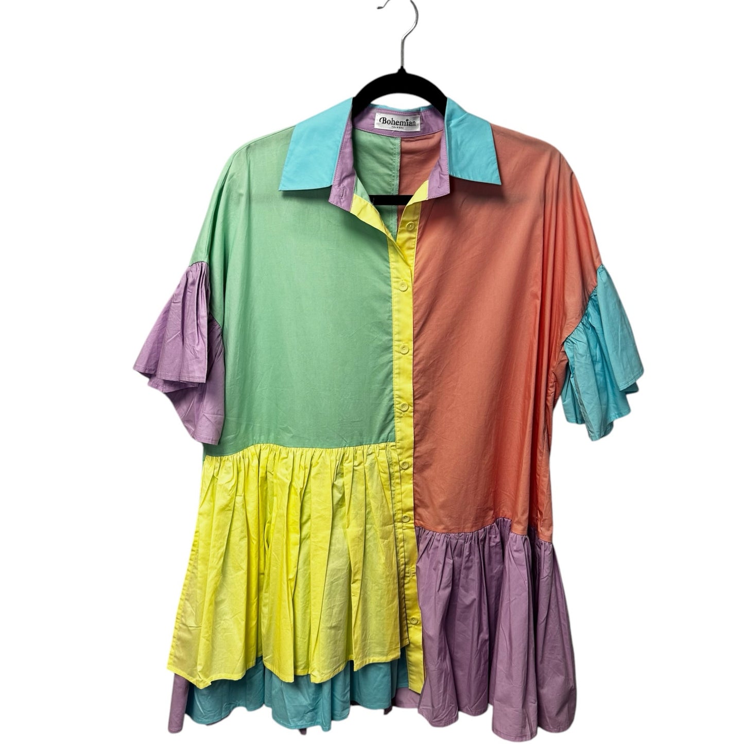 Bohemian Multi Color Block Ruffle Sleeve Button Down Shift Dress Womens Medium
