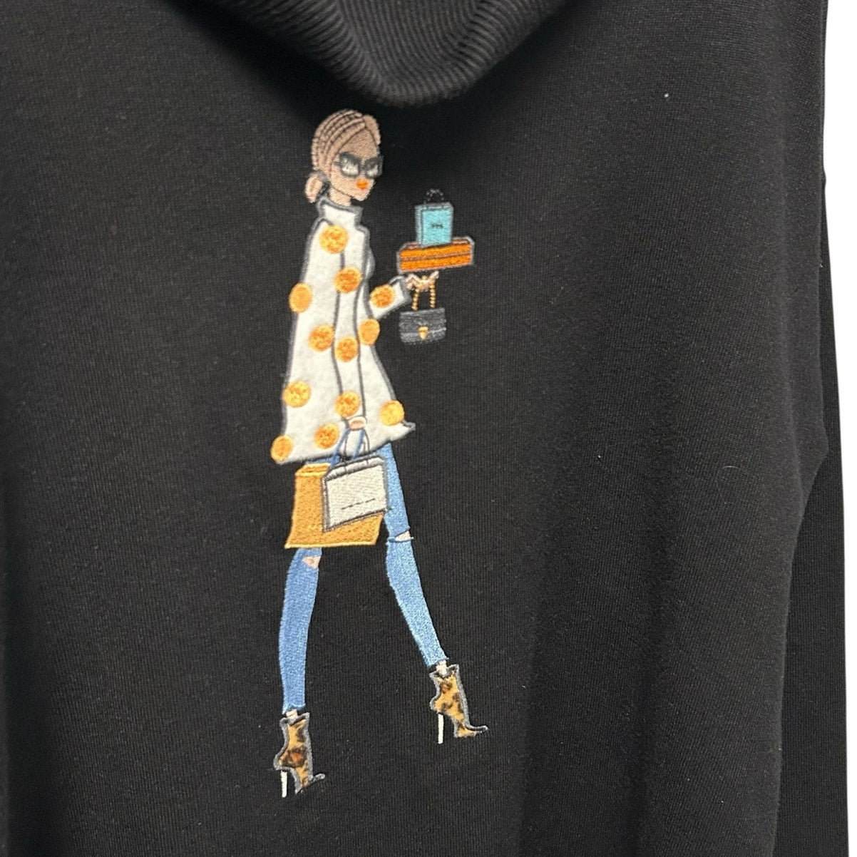 Gabby Isabella Black Fashionista Embroidered Cowl Neck Sweater Womens XL
