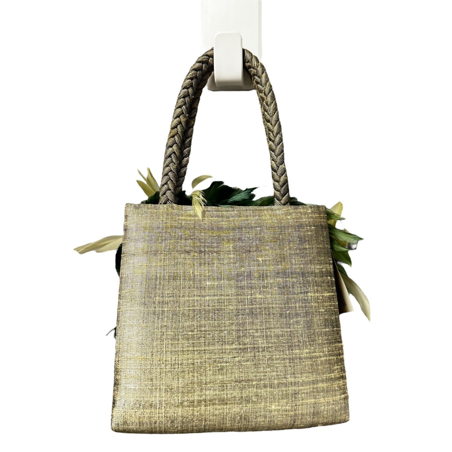 NWT Mother Plucker Feather Company Khaki Sage Green Feather Silk Top Handle Bag