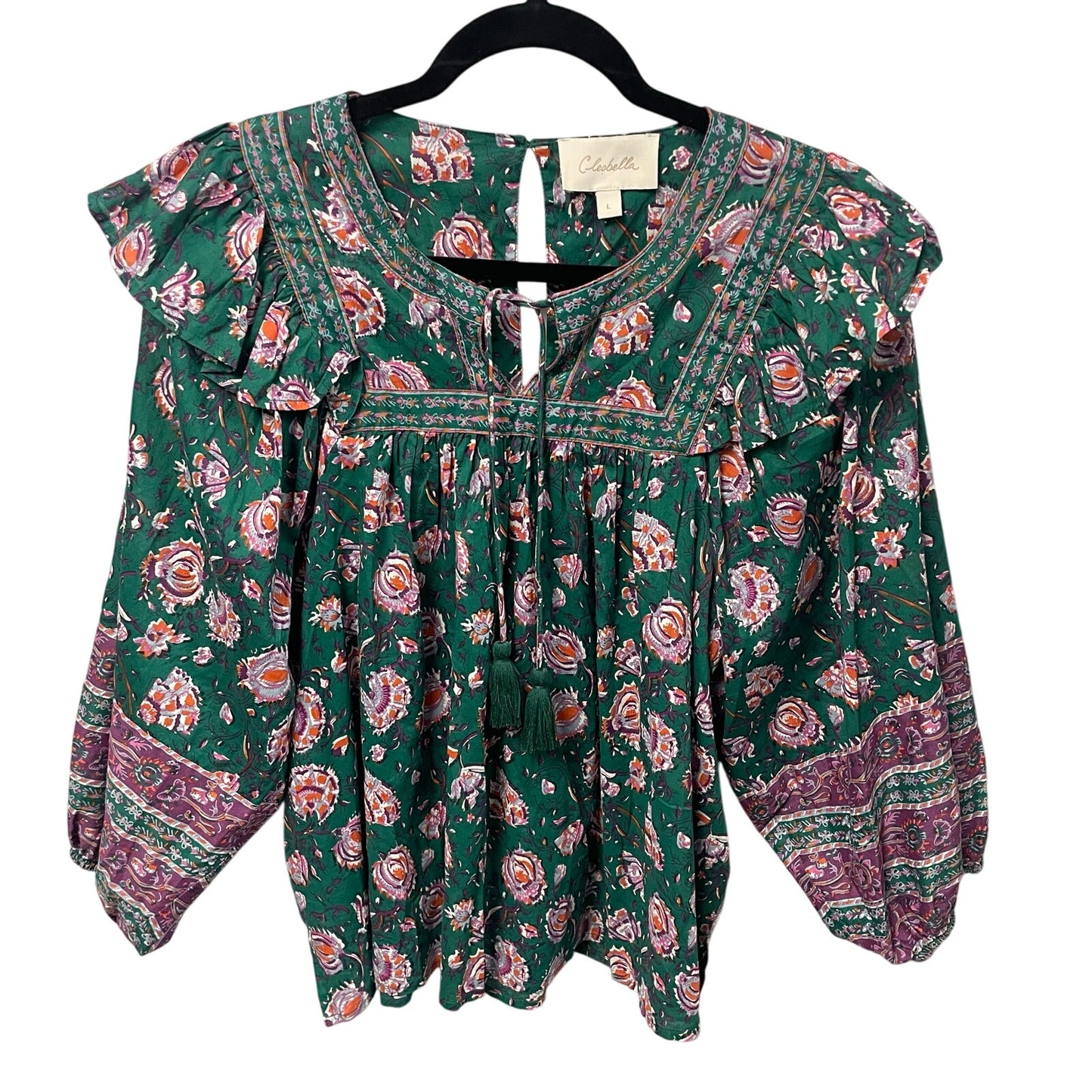 Cleobella Puff Sleeve Tie Neck Mylah Blouse In Jade Floral Green Purple Large